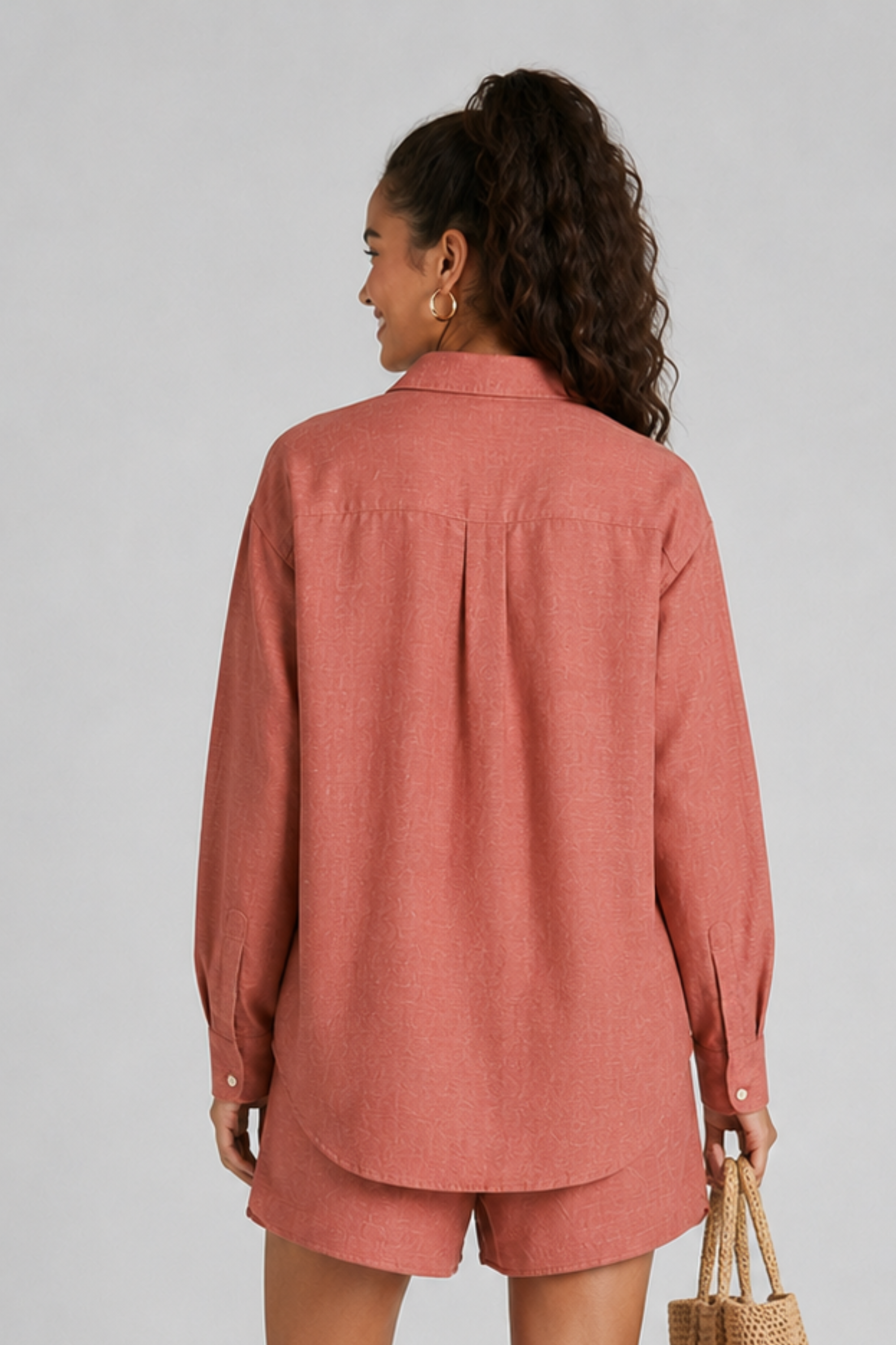Back side of Play Shirt by Koye in Rosewood pink bamboo-hemp. #color_Rosewood