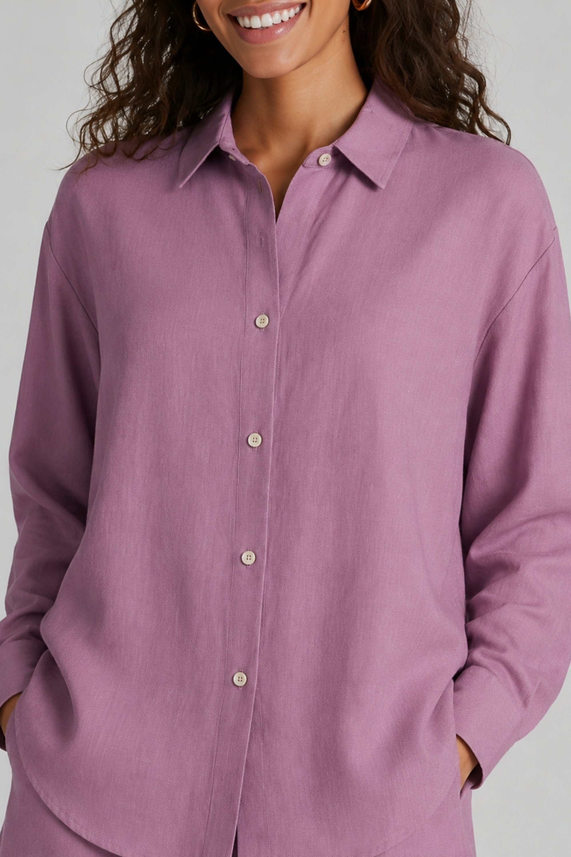 Bamboo Hemp Fabric Play Shirt Close up. #color_Lilac