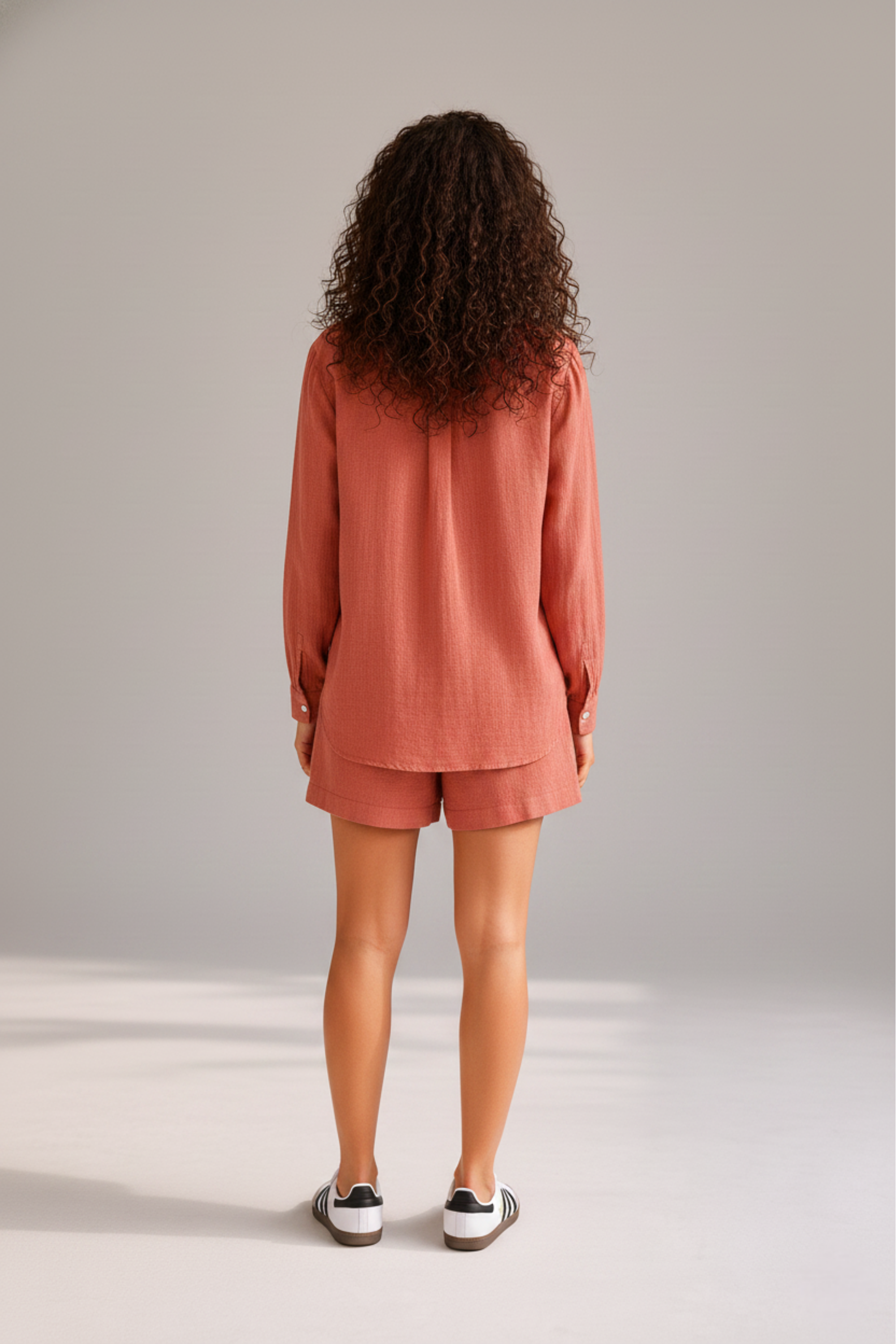 Back side of Play Short set by Koye in Rosewood pink bamboo-hemp. #color_Rosewood