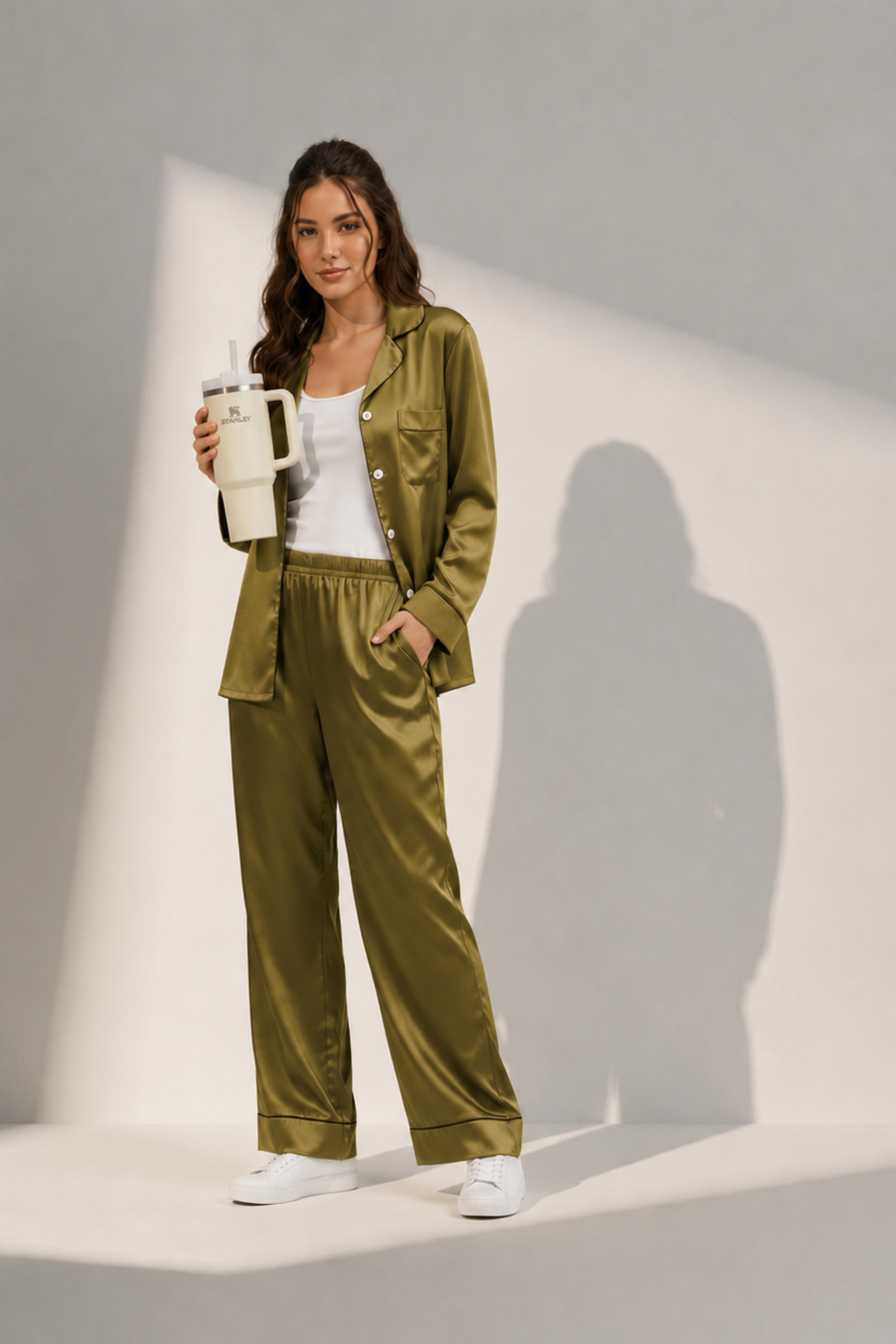 Front view of Koye Pause Pajama Set in Deep Oleev satin with button-down shirt. #color_Deep Olive