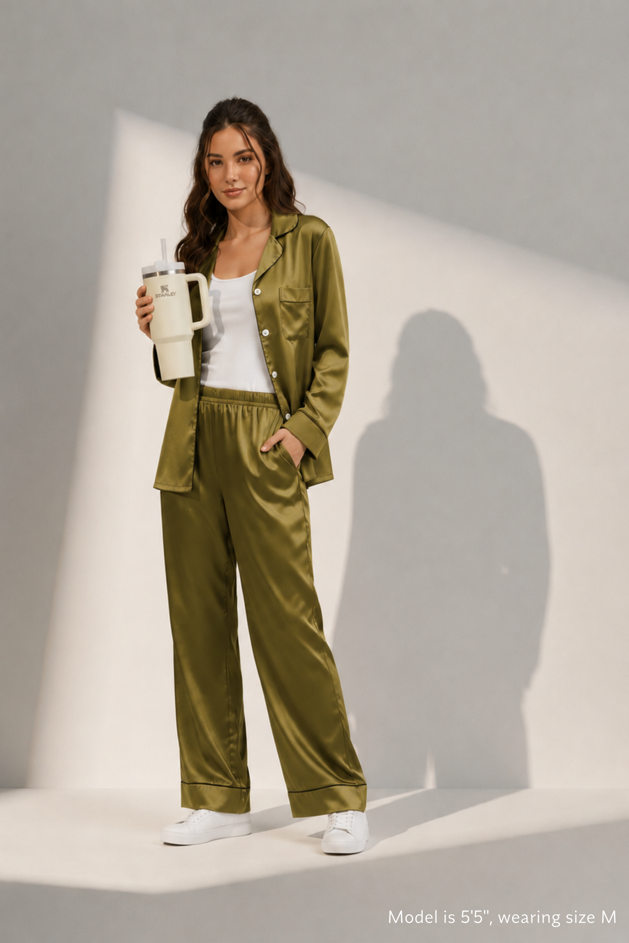 Front view of Koye Pause Pajama Set in Deep Oleev satin with button-down shirt. #color_Deep Olive
