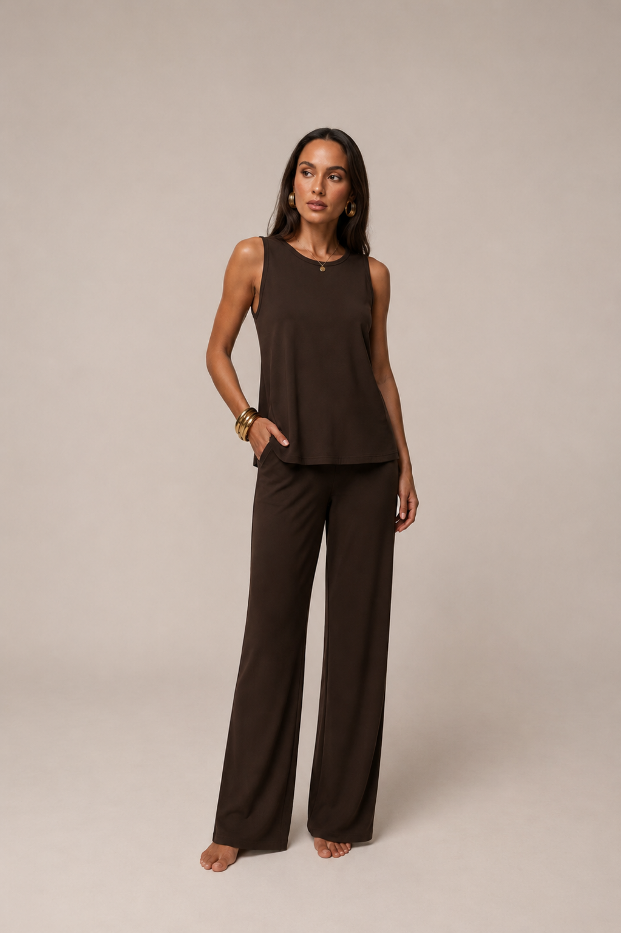 front profile of Koye Mocha sleeveless top and pajama set.