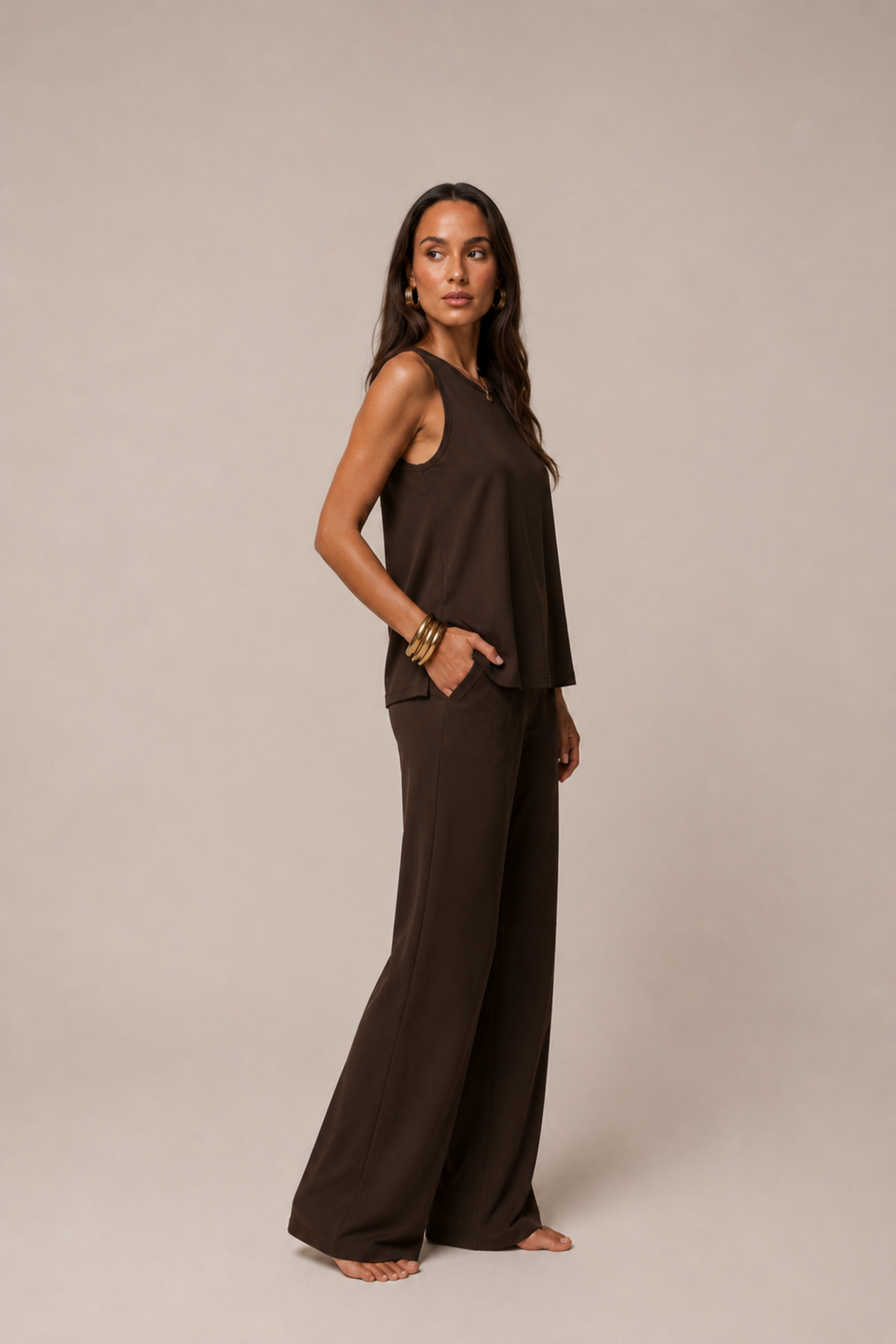 side profile of Koye Mocha sleeveless top and pajama set.