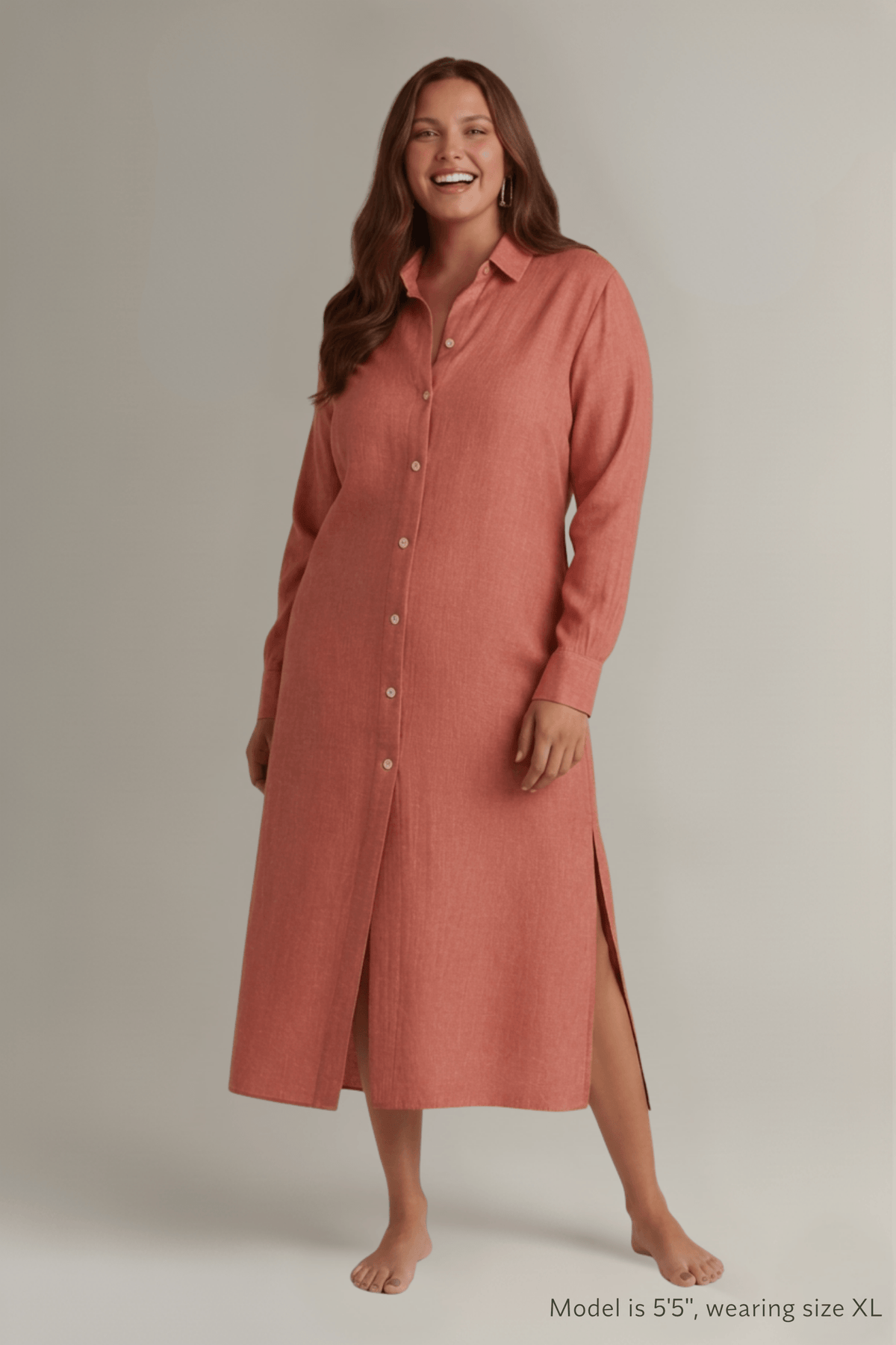 Front view of model wearing Koye Breeze Shirt Dress in Rosewood pink bamboo-hemp. #color_Rosewood