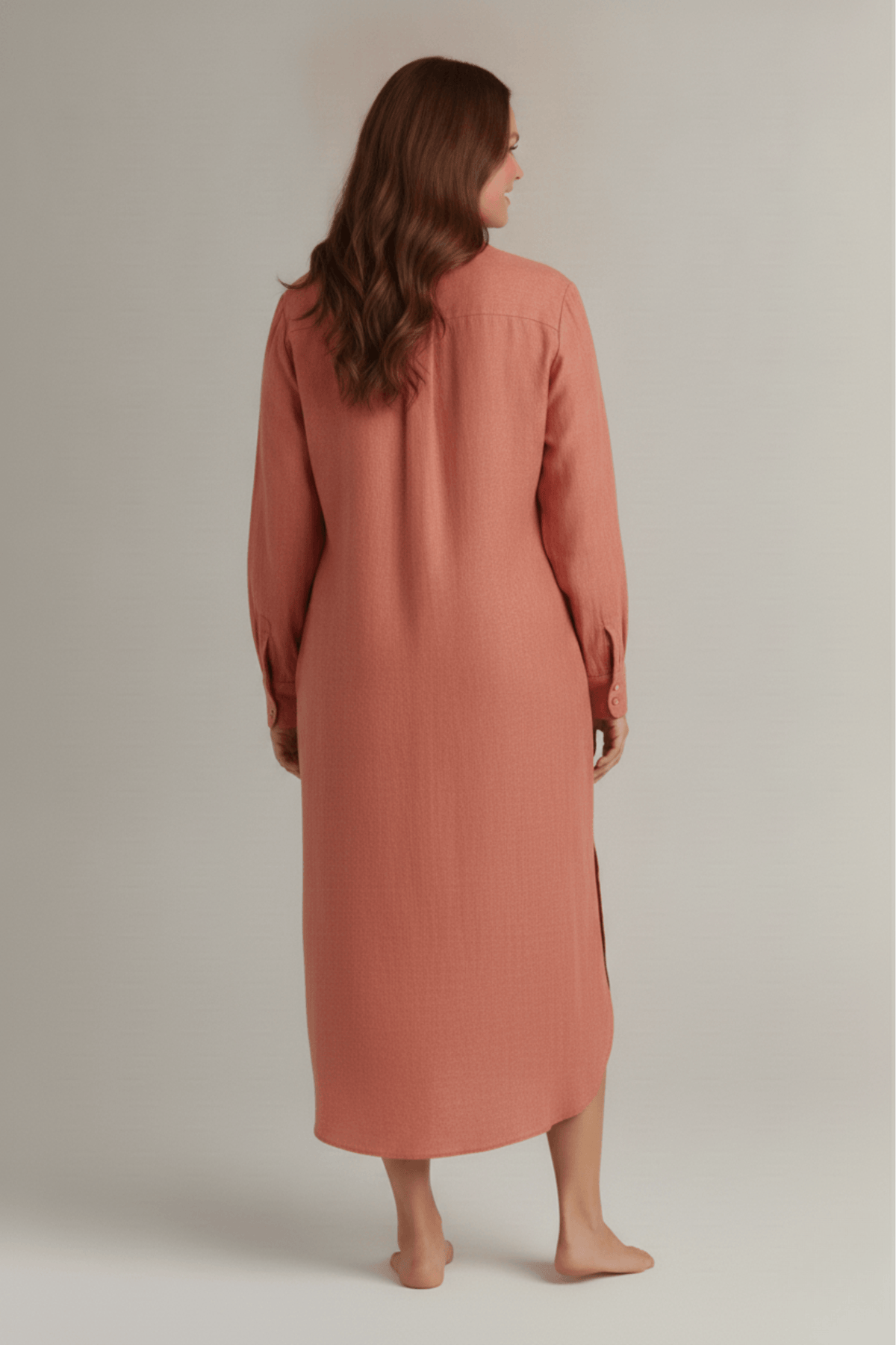 Back view of women's long pink sleep shirt showing relaxed fit and back pleat detail. #color_Rosewood