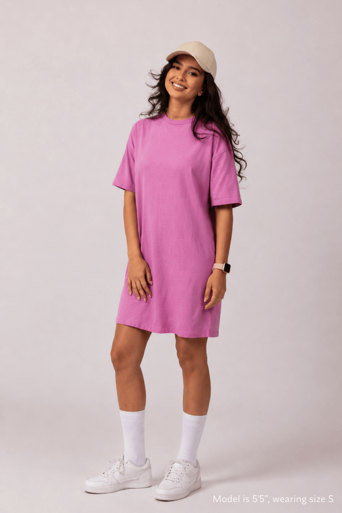 Full-length front view of Snug Oversized Dress in Dusky Mauve, made of a breathable bamboo-cotton blend. #color_Mellow Mauve