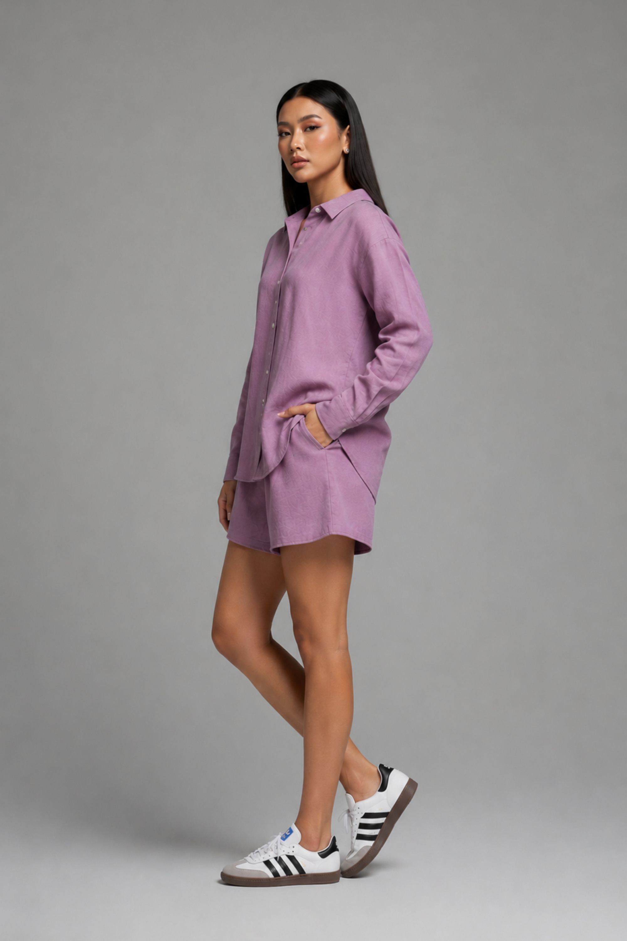 Side shot of the garment, model wearing Koye Play Shirt Set in soft Lilac bamboo-hemp. #color_Lilac