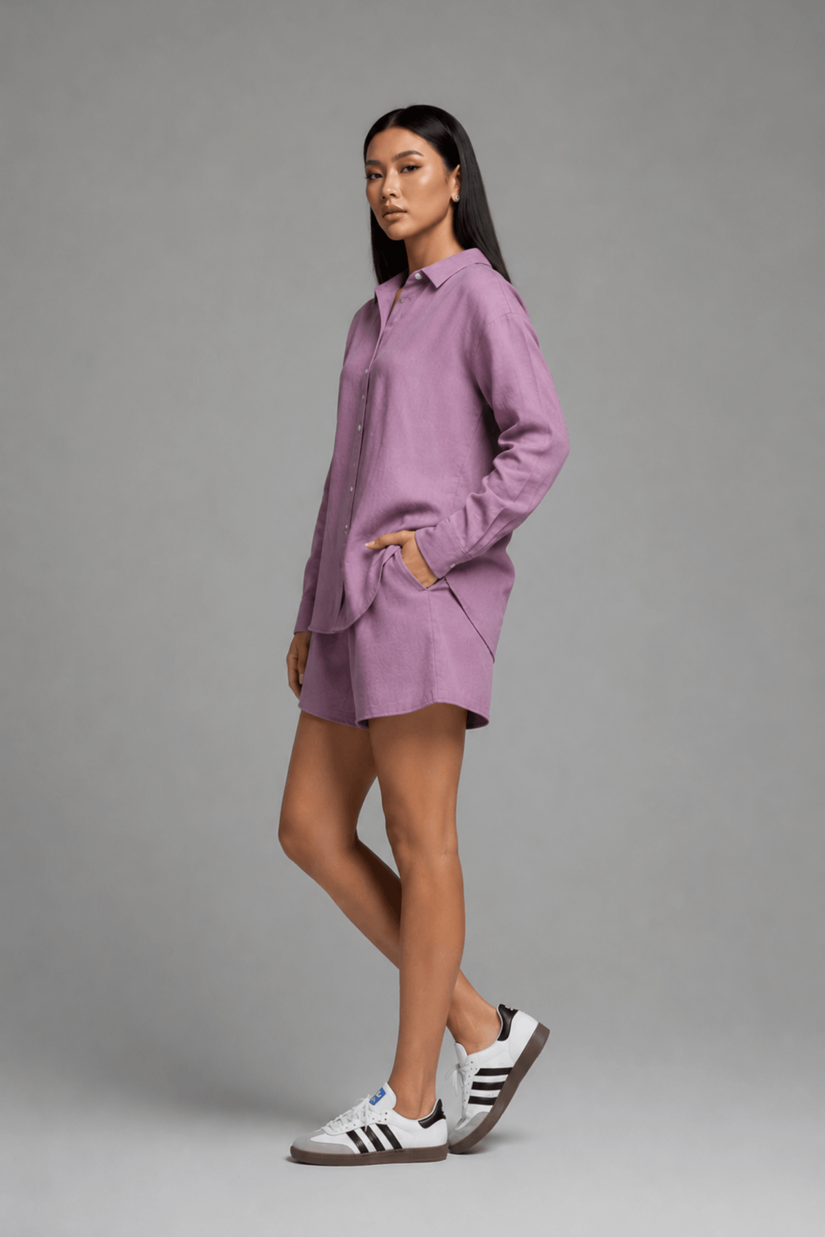 Side shot of the garment, model wearing Koye Play Shirt Set in soft Lilac bamboo-hemp. #color_Lilac