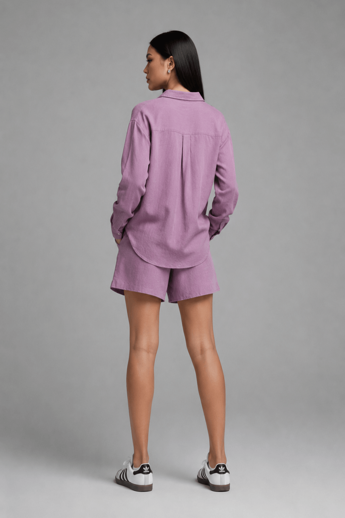 back shot of the garment, model wearing Koye Play Shirt Set in soft Lilac bamboo-hemp. #color_Lilac