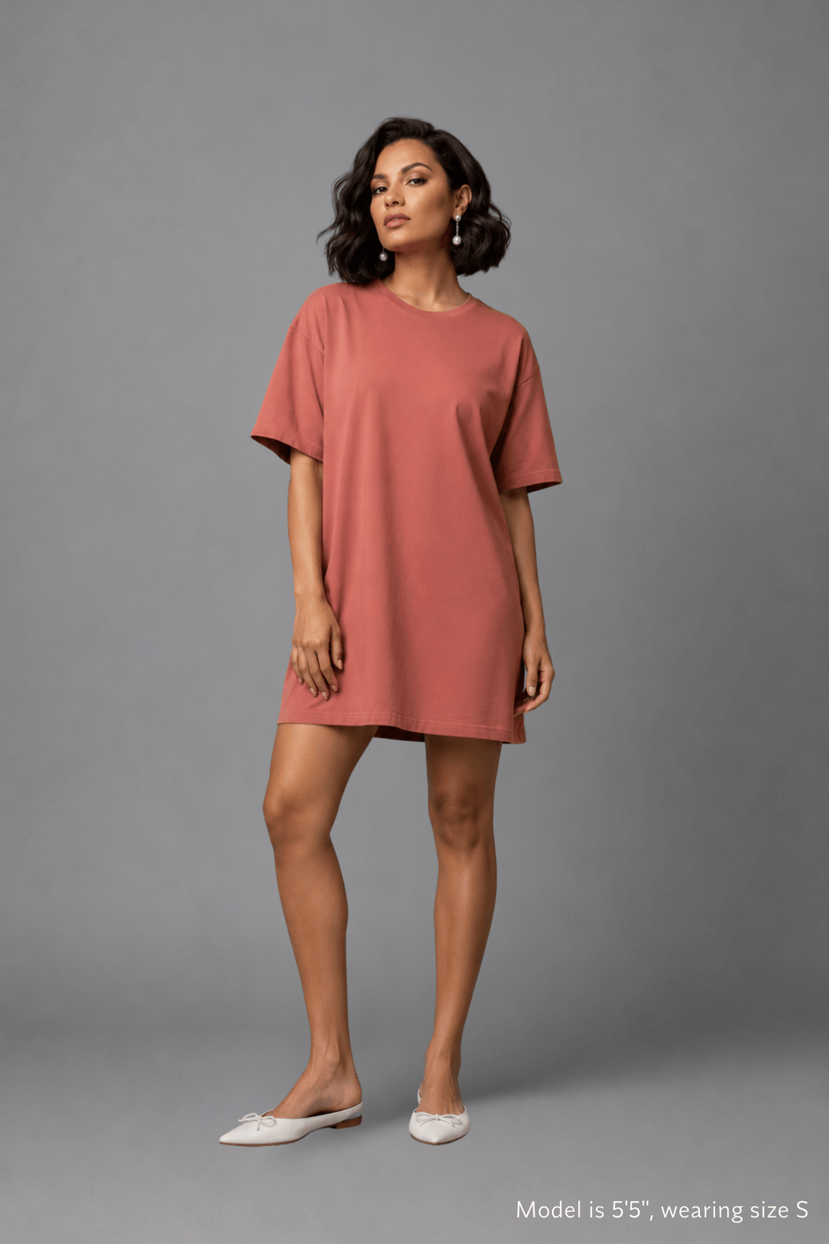 Full-length front view of Snug Oversized Dress in Dusky Mauve, made of a breathable bamboo-cotton blend. #color_Coral