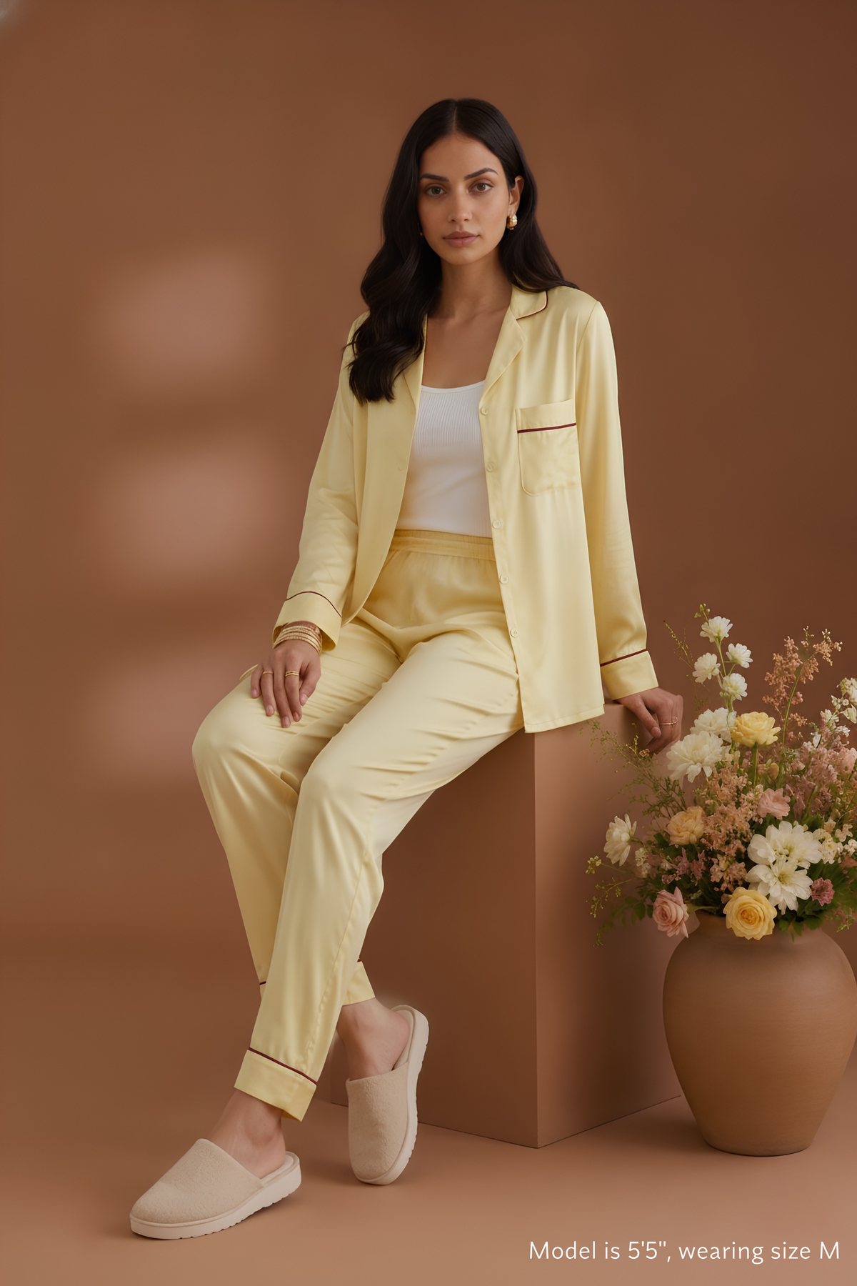 cover of Koye Pause Pajama Set in butter yellow satin with button-down shirt. #color_Butter Yellow