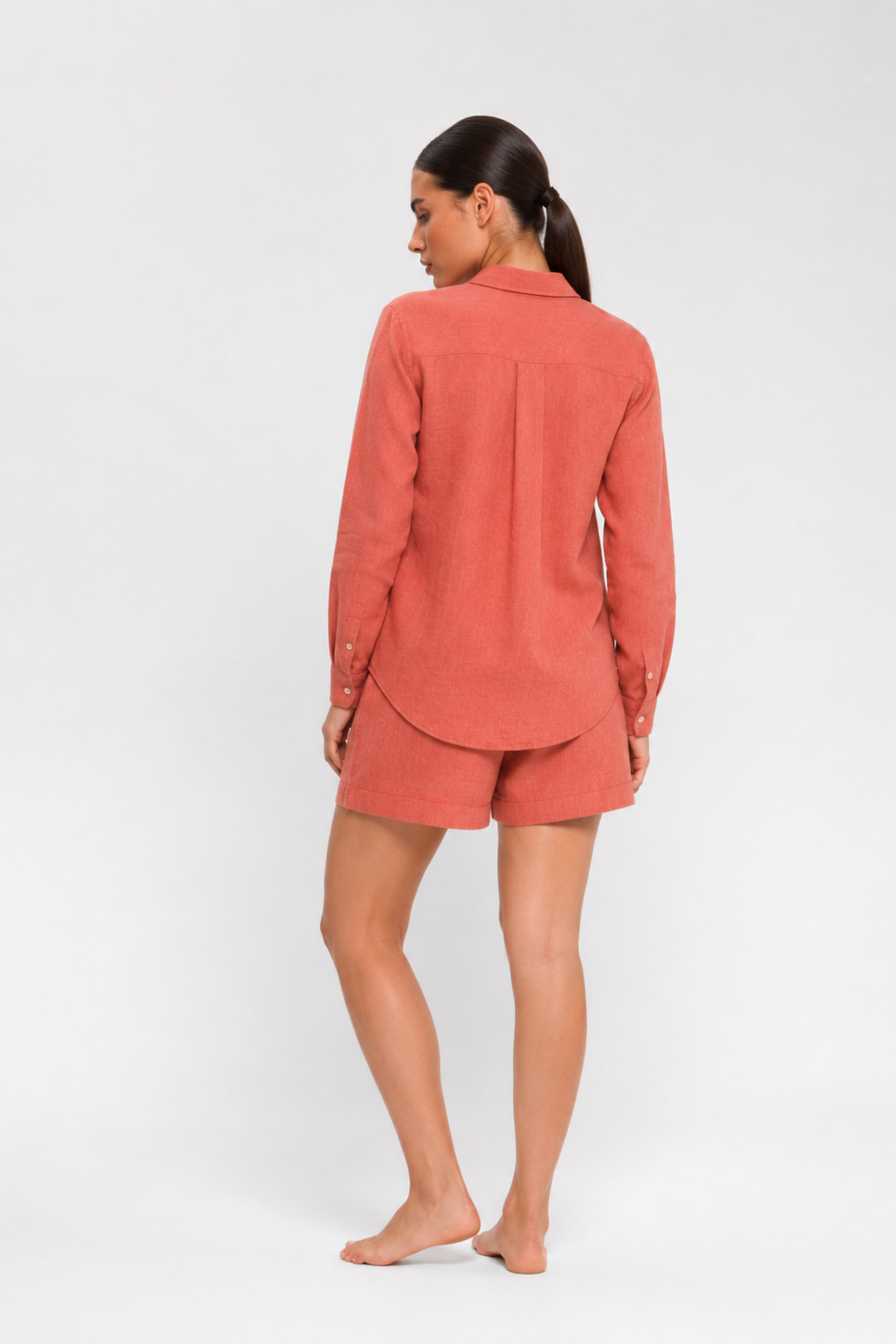 Back side of Play Short set by Koye in Rosewood pink bamboo-hemp. #color_Rosewood