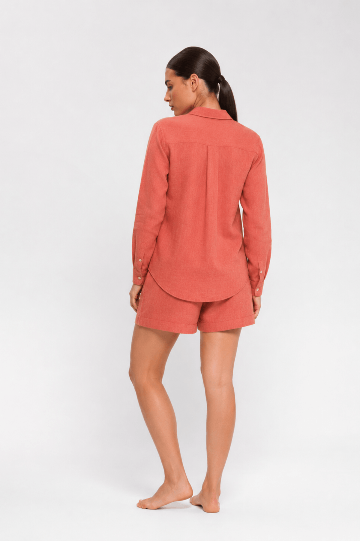 Back side of Play Short set by Koye in Rosewood pink bamboo-hemp. #color_Rosewood