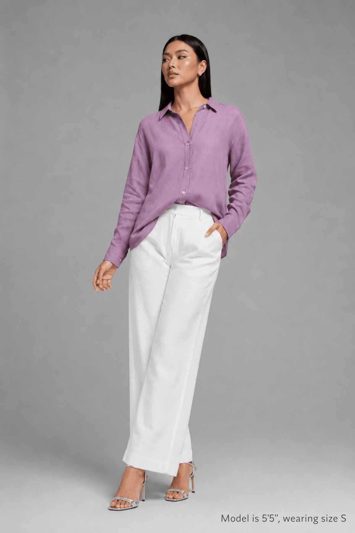 Full garment shot of model wearing Koye Play Shirt Set in soft Lilac bamboo-hemp. #color_Lilac