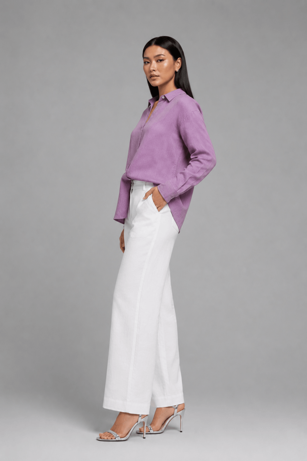 Front View of Koye Play Shirt in soft Lilac bamboo-hemp. #color_Lilac
