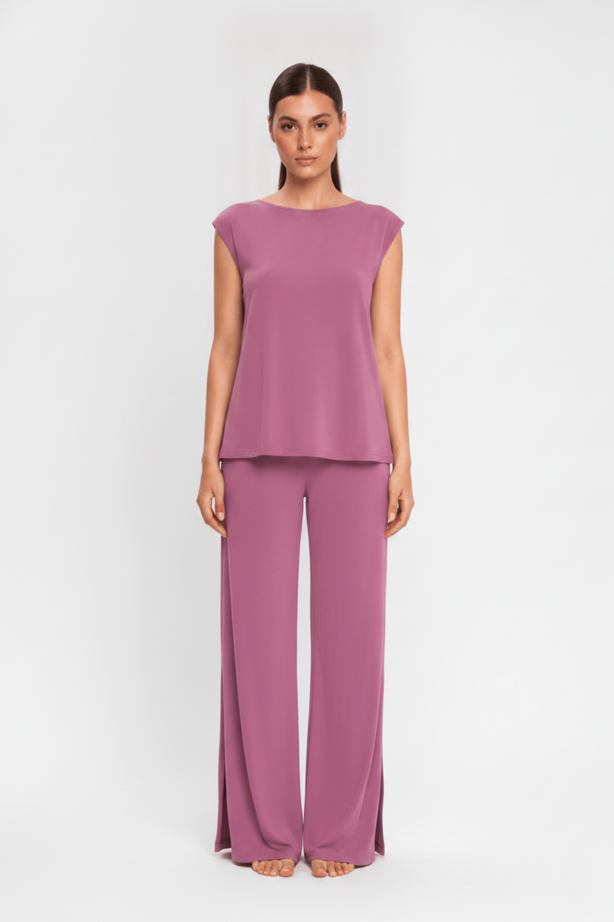 Front view of Koye Ease Lounge Set featuring a drop shoulder top and relaxed fit pyjamas. #color_Mellow Mauve