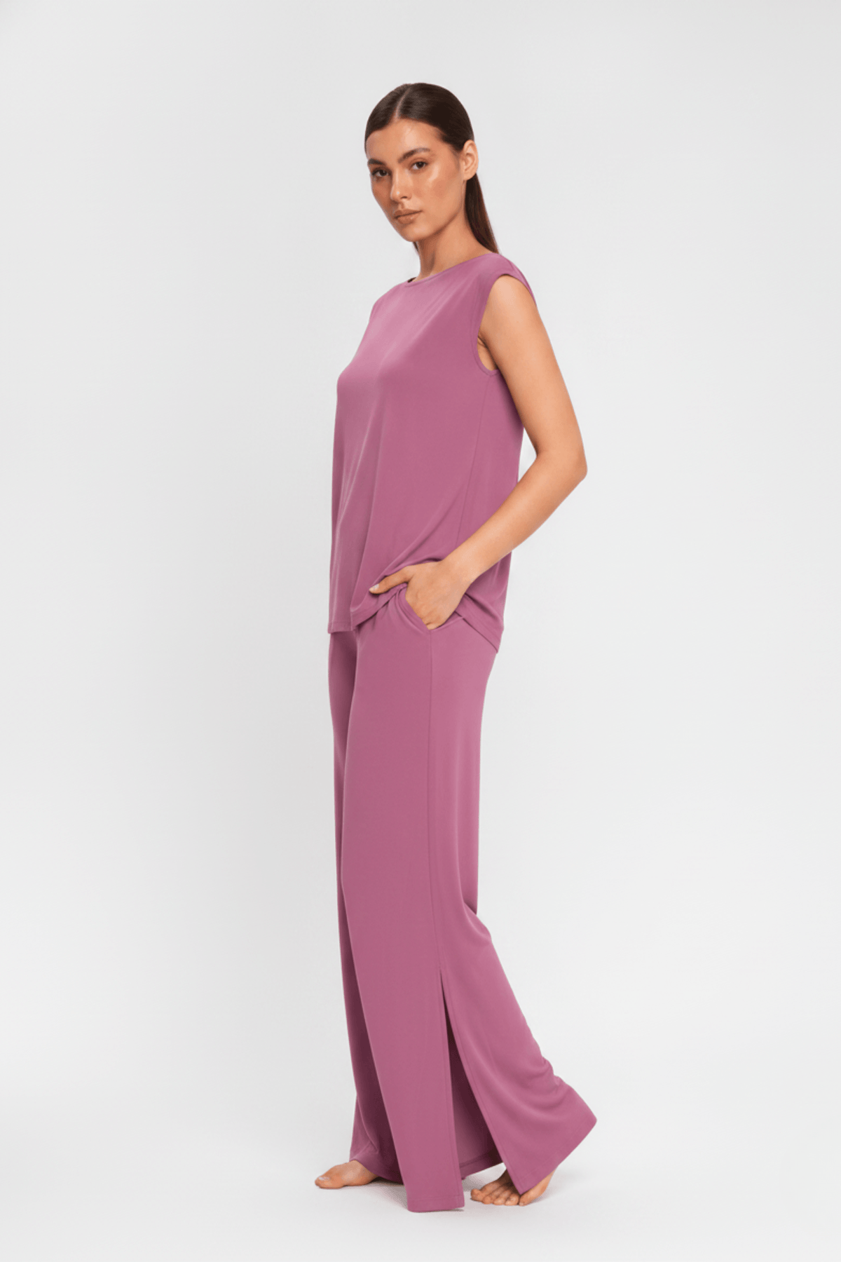 Side view of the Koye Ease Lounge Set showing the breathable bamboo cotton drape. #color_Mellow Mauve