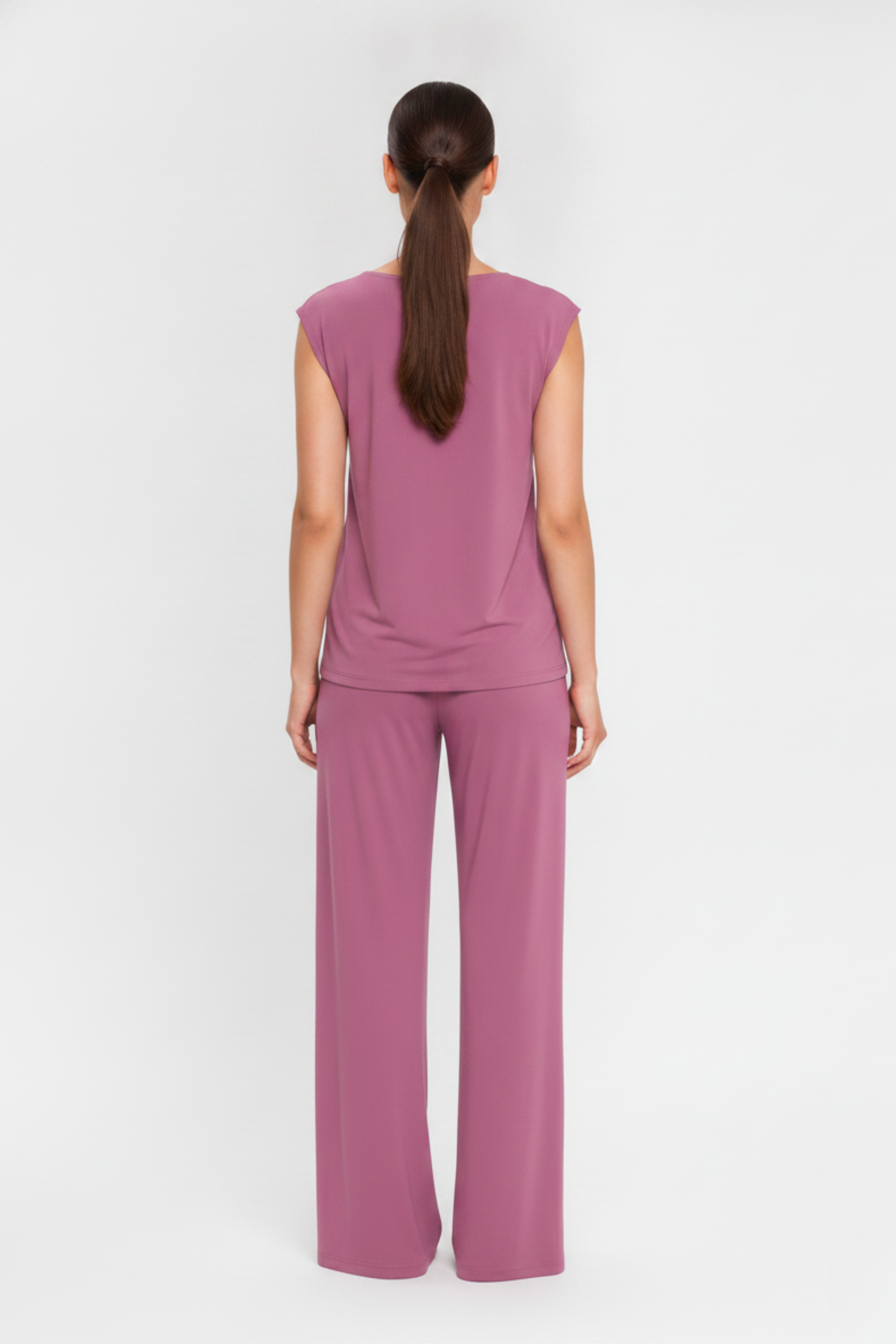 Back angle view of the Koye Ease Lounge Set showing the breathable bamboo cotton drape. #color_Mellow Mauve
