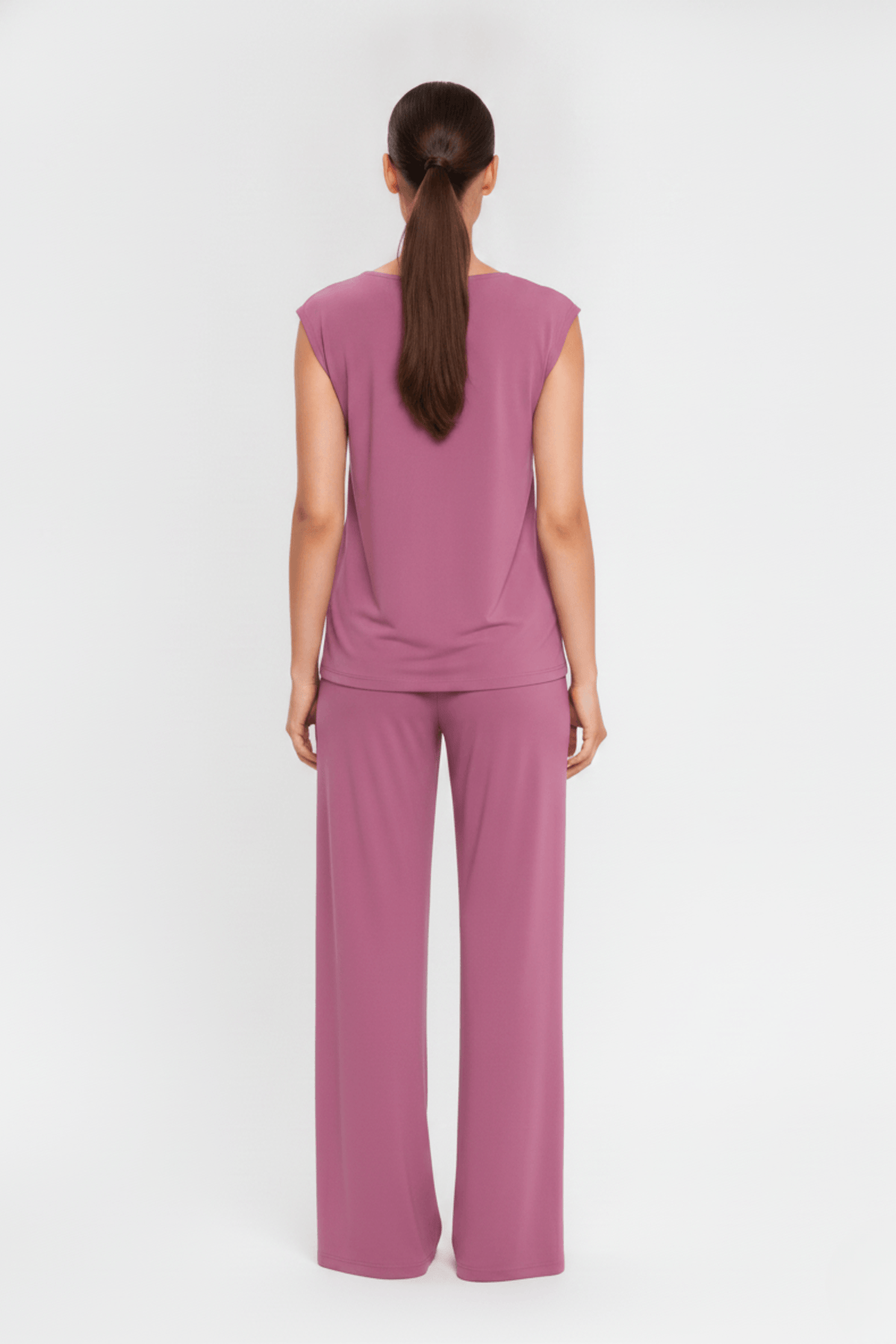 Back angle view of the Koye Ease Lounge Set showing the breathable bamboo cotton drape. #color_Mellow Mauve