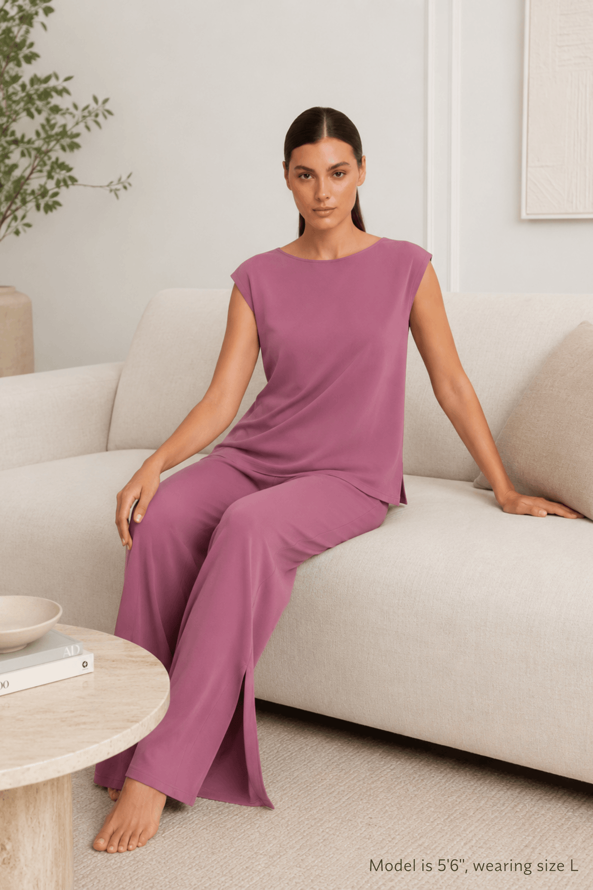 Cover of Koye Ease Lounge Set featuring a drop shoulder top and relaxed fit pyjamas. #color_Mellow Mauve