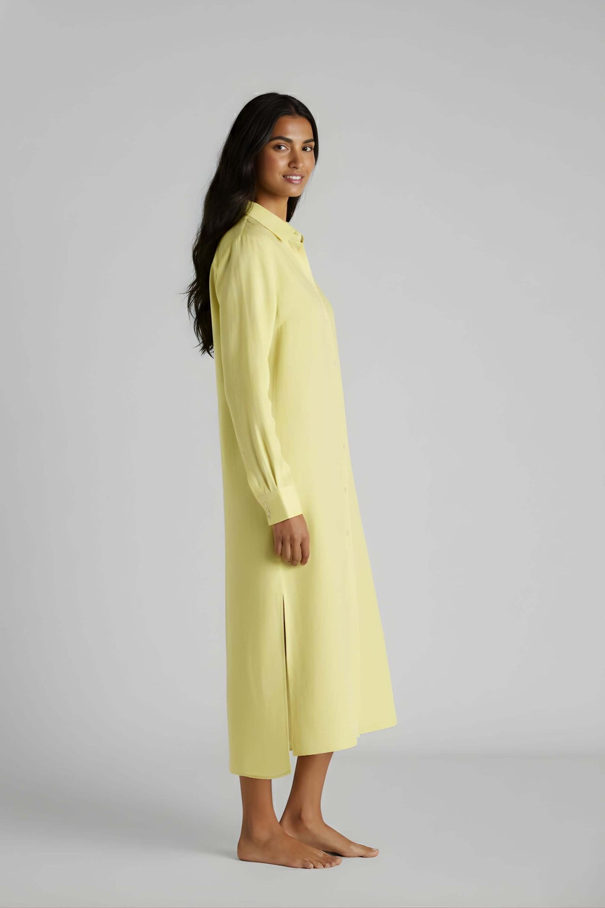 Side look of Sunshine Yellow sleep shirt showing relaxed fit and button-down styling. #color_Sunshine Yellow