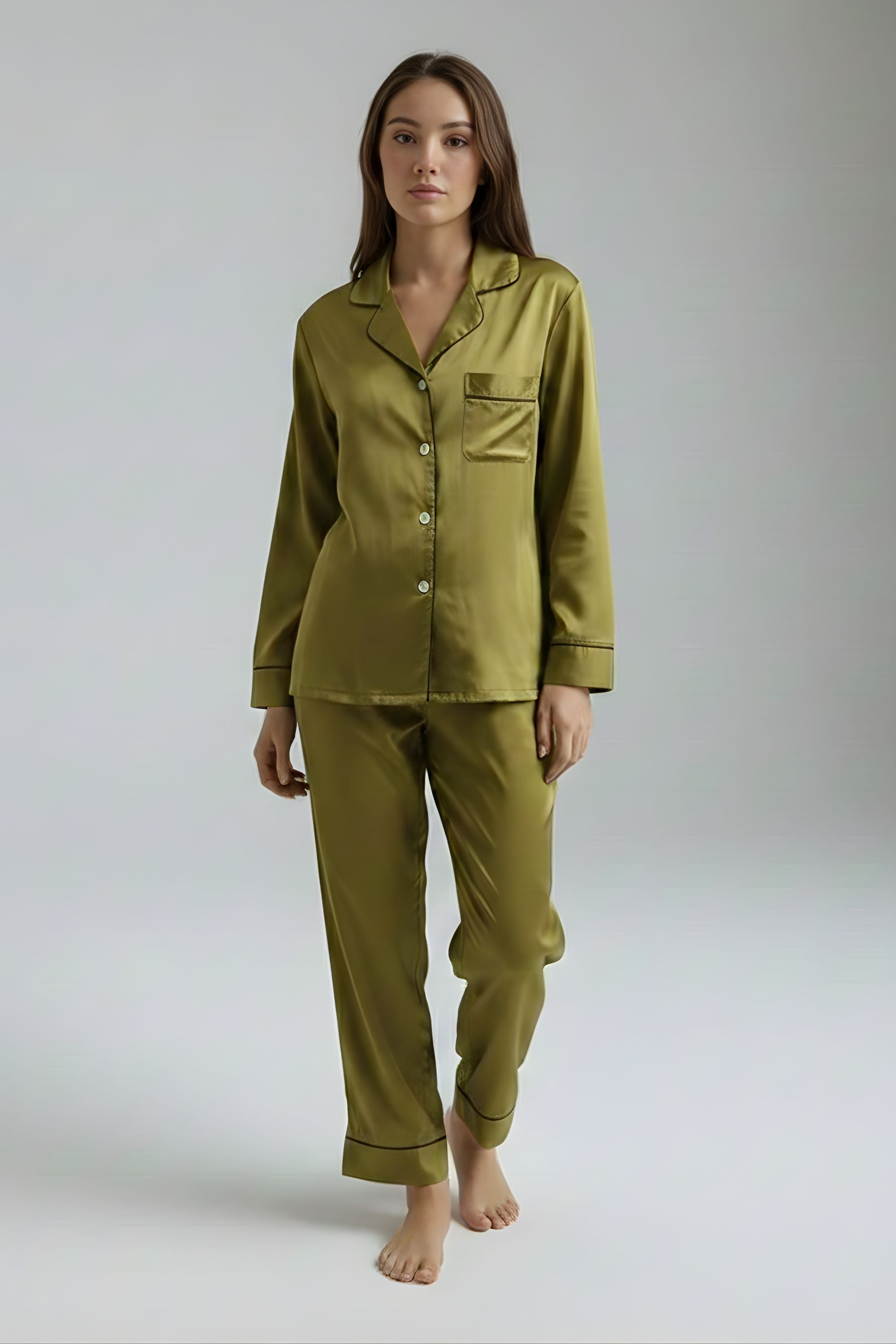 Front view of Koye Pause Pajama Set in Deep Oleev satin with button-down shirt. #color_Deep Olive