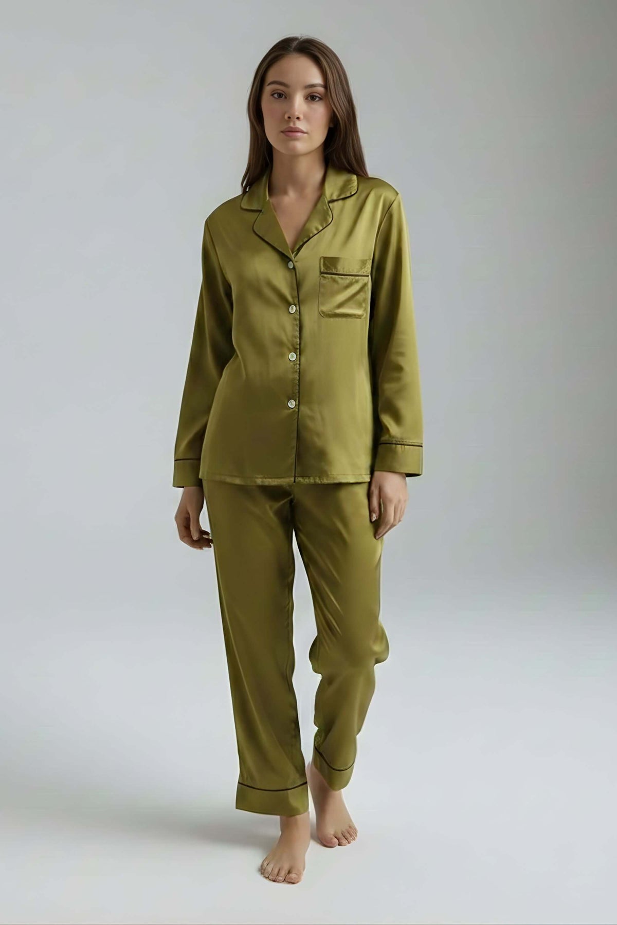 Front view of Koye Pause Pajama Set in Deep Oleev satin with button-down shirt. #color_Deep Olive