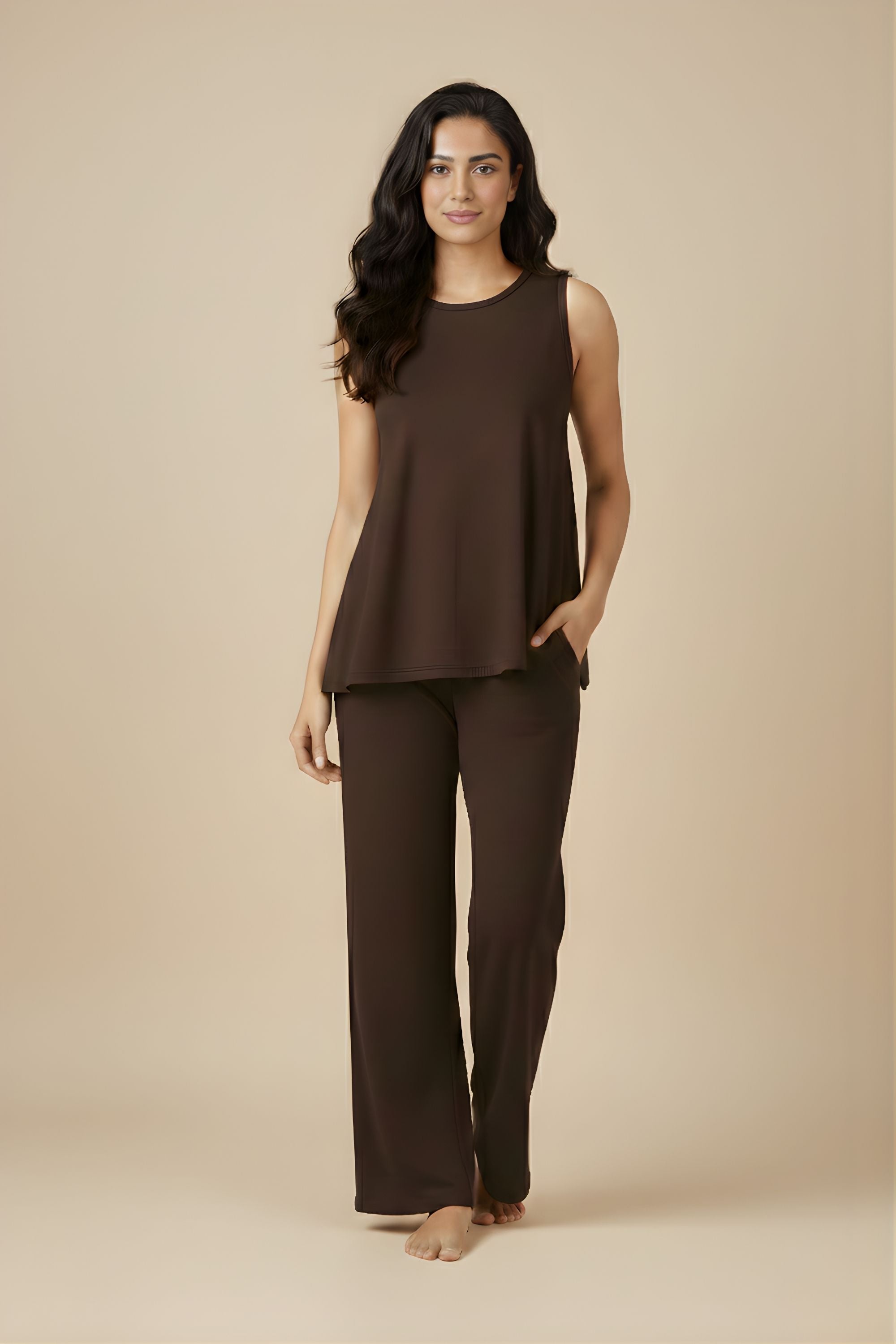 front profile of Koye Mocha sleeveless top and pajama set.