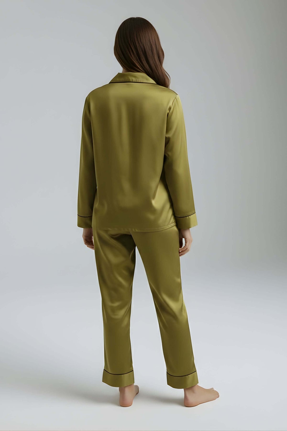 olive green satin sleepwear set back profile showing fluid drape and relaxed fit. #color_Deep Olive