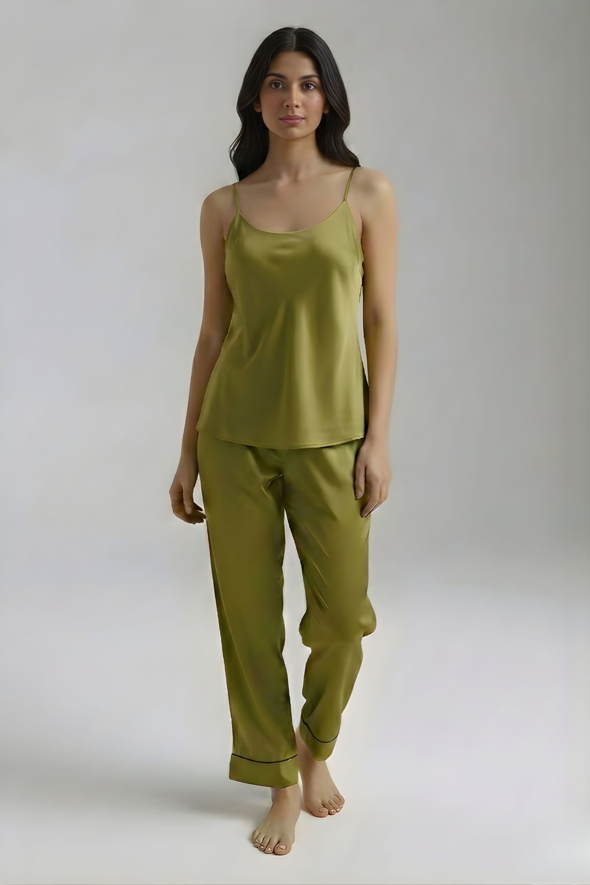 Front look of Koye Calm Camisole Set in Deep Oleev satin. #color_Deep Olive