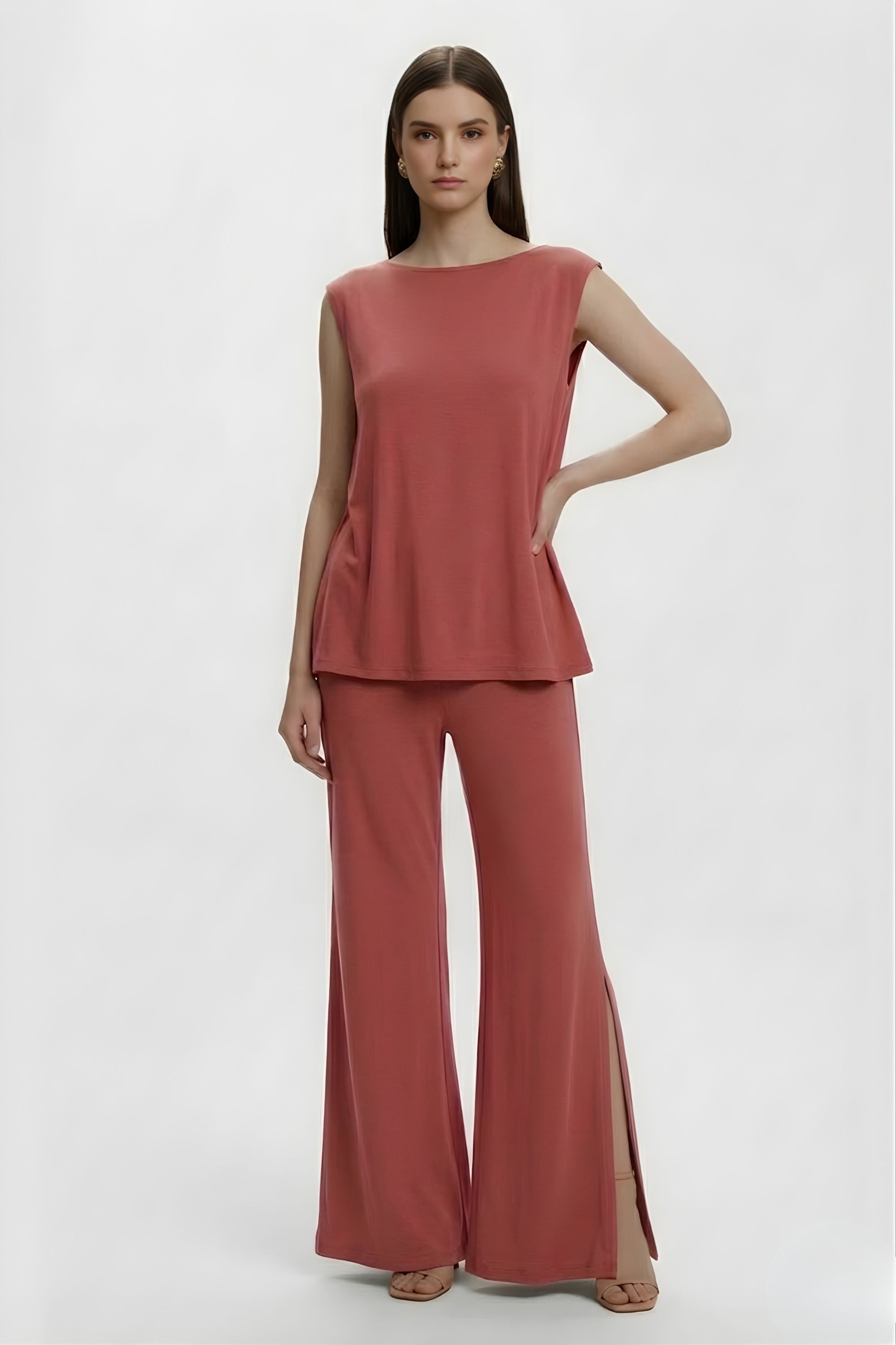 Front view of Koye Ease Lounge Set featuring a drop shoulder top and relaxed fit pyjamas. #color_Coral