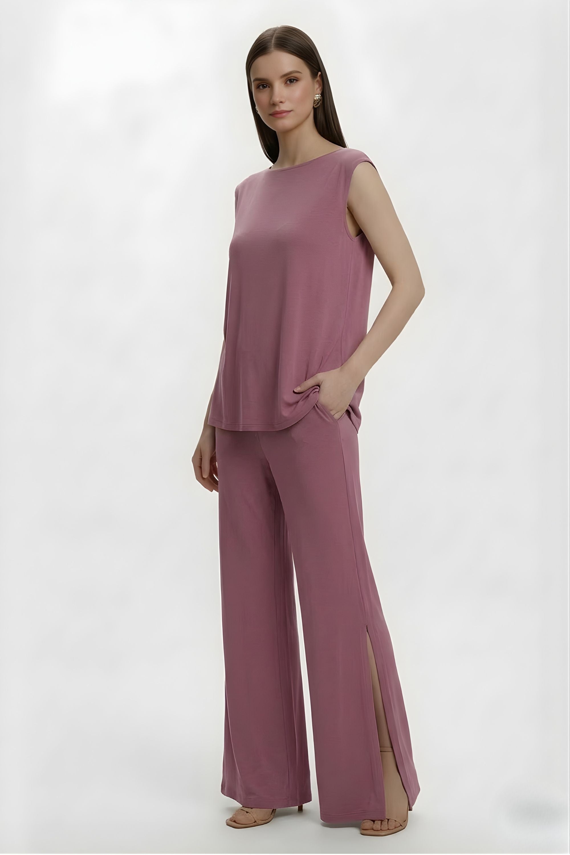 Side view of the Koye Ease Lounge Set showing the breathable bamboo cotton drape. #color_Mellow Mauve