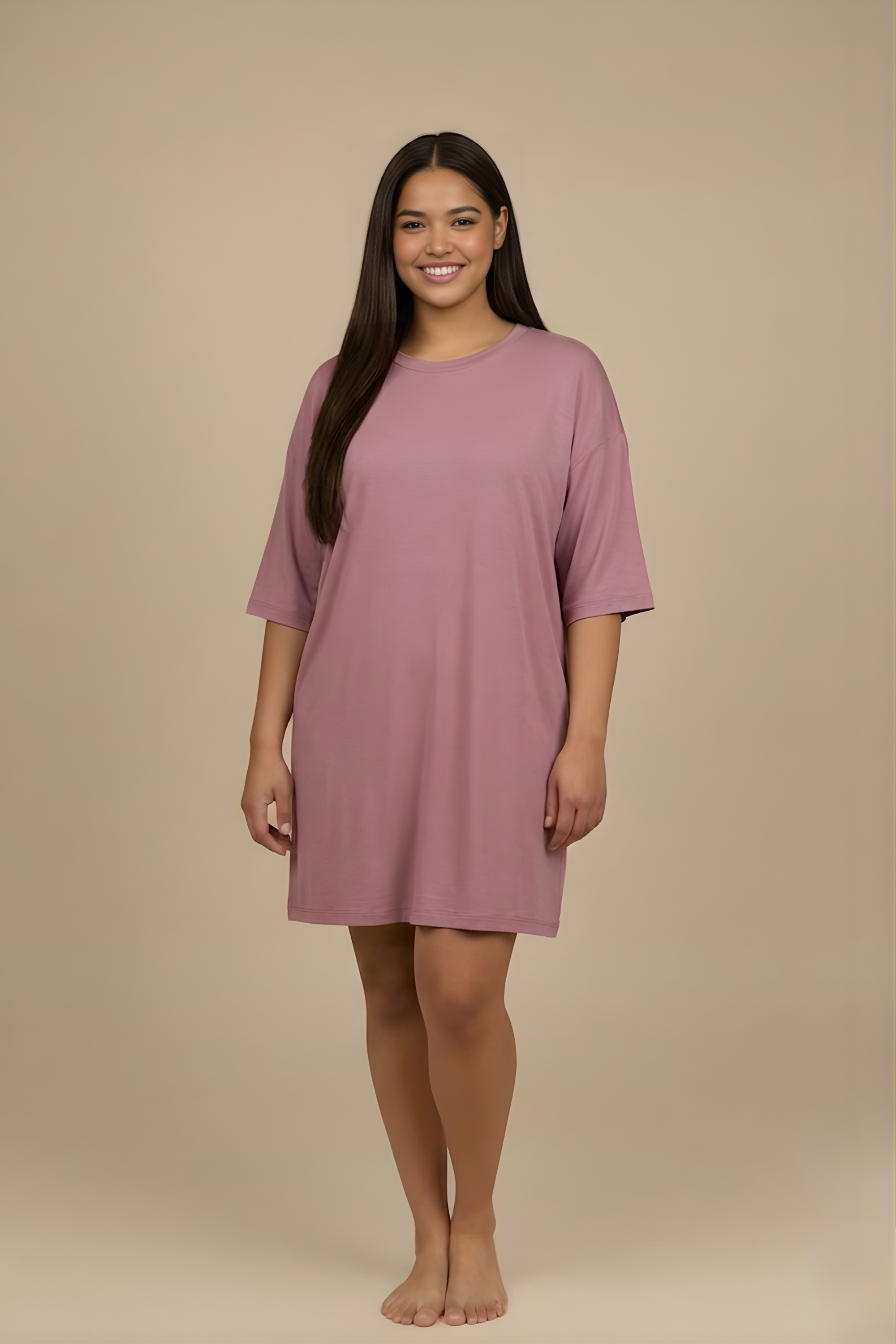 Full-length front view of Snug Oversized Dress in Dusky Mauve, made of a breathable bamboo-cotton blend. #color_Mellow Mauve