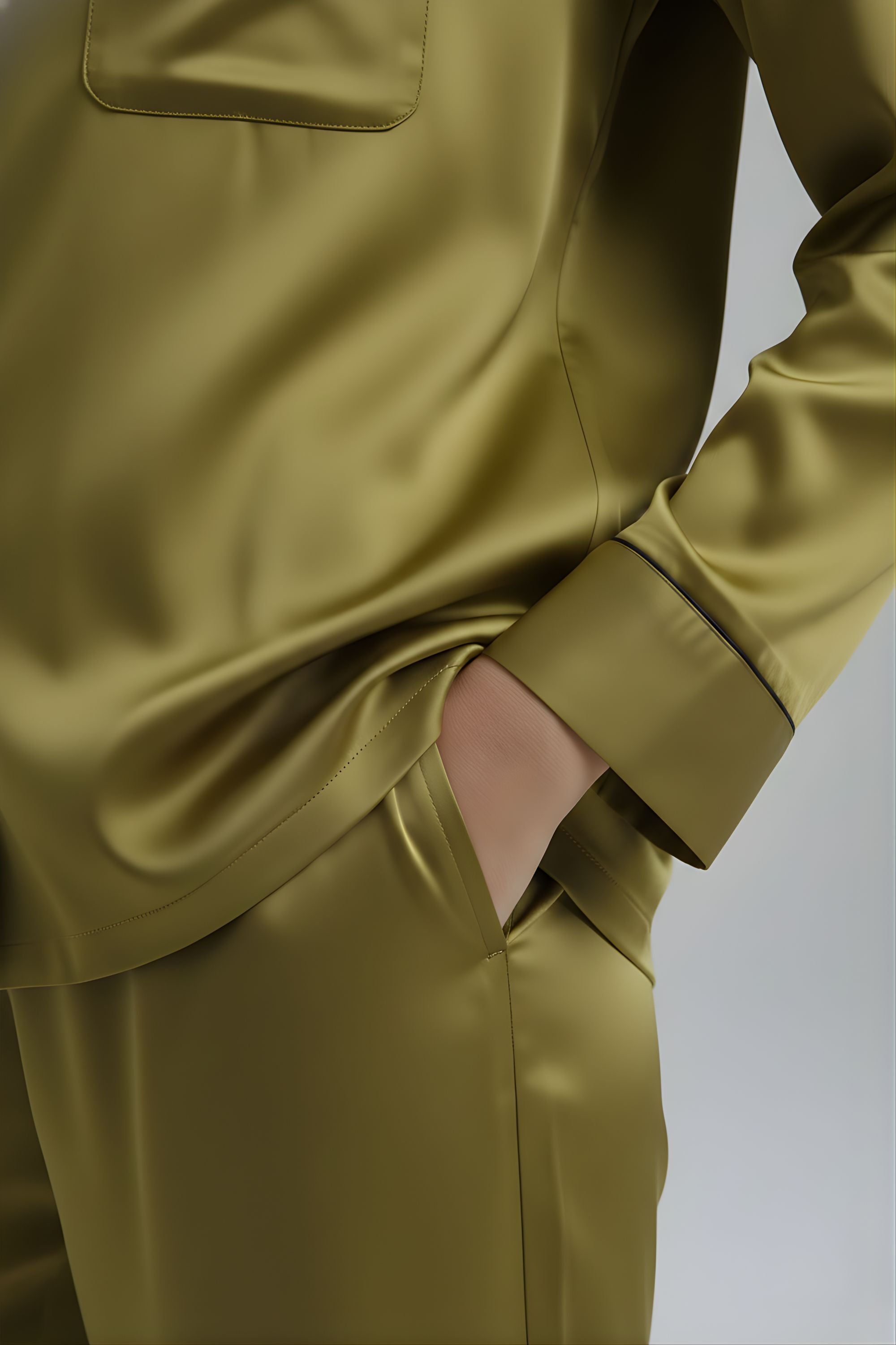 Close-up of pocket detail and sleeve cuff on Koye Deep Oleev satin pajama top. #color_Deep Olive
