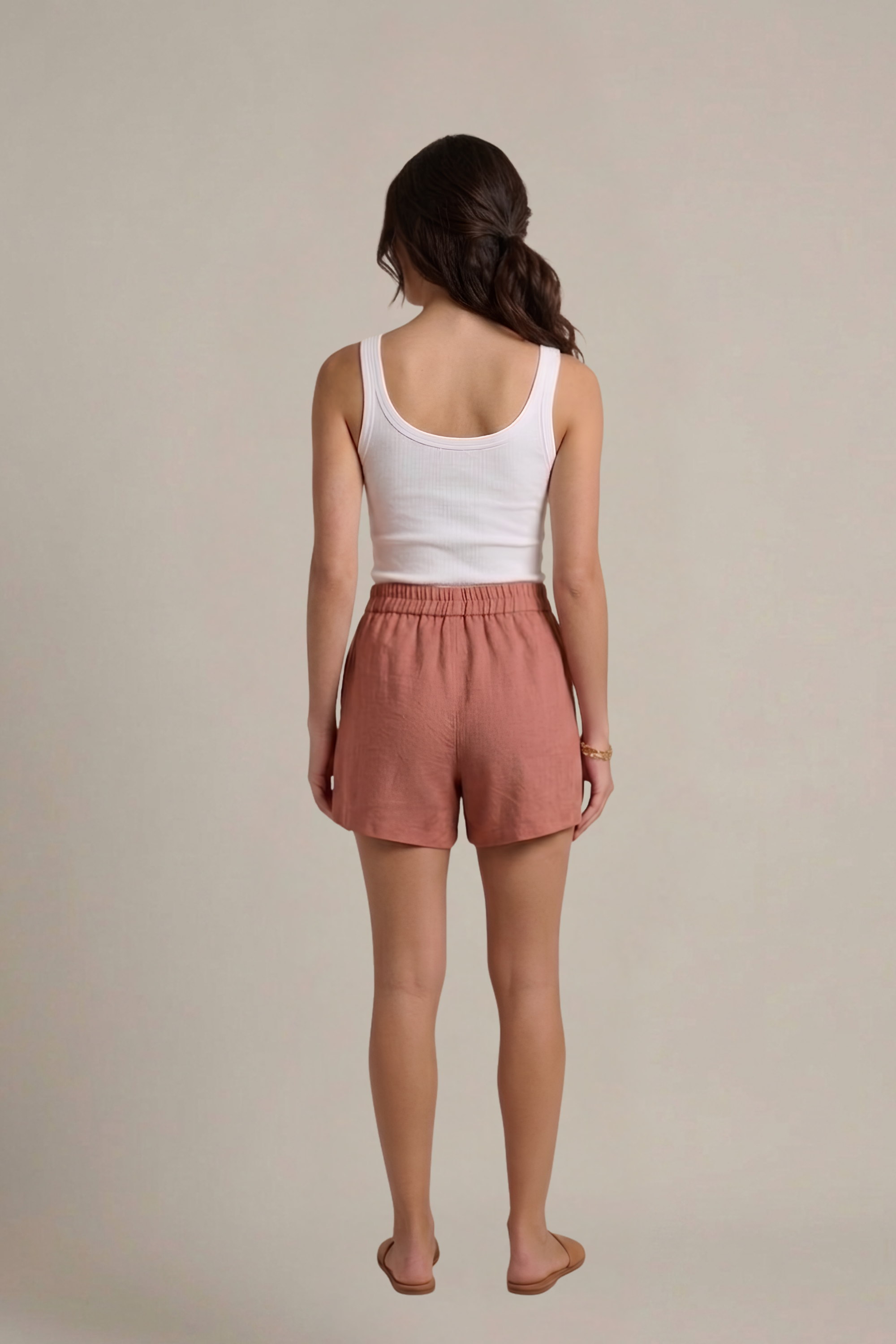 Back view of women's Roswood Bamboo-Hemp shorts showing the elasticated waist. #color_Rosewood