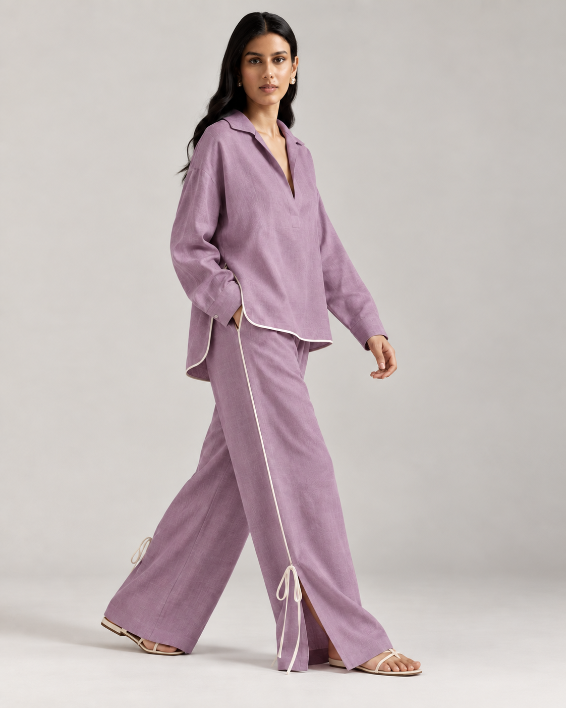 Golden Hour Pants in Dusty Lilac - side walking view