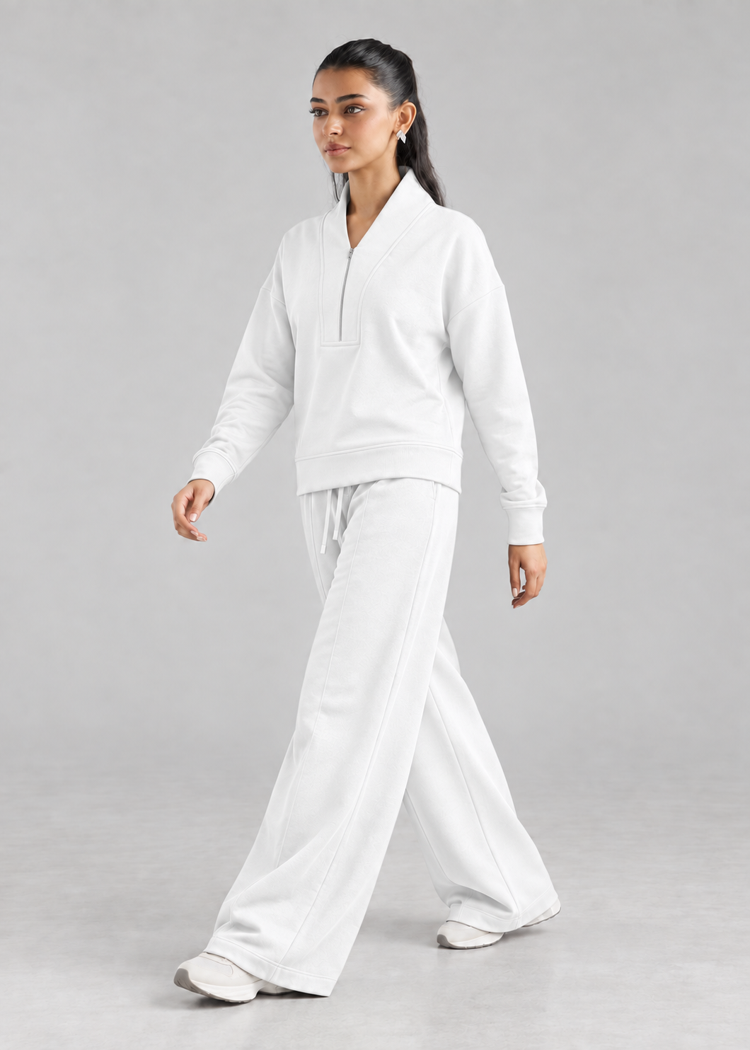 Retreat Fleece Bottom in Bright White - side walking view