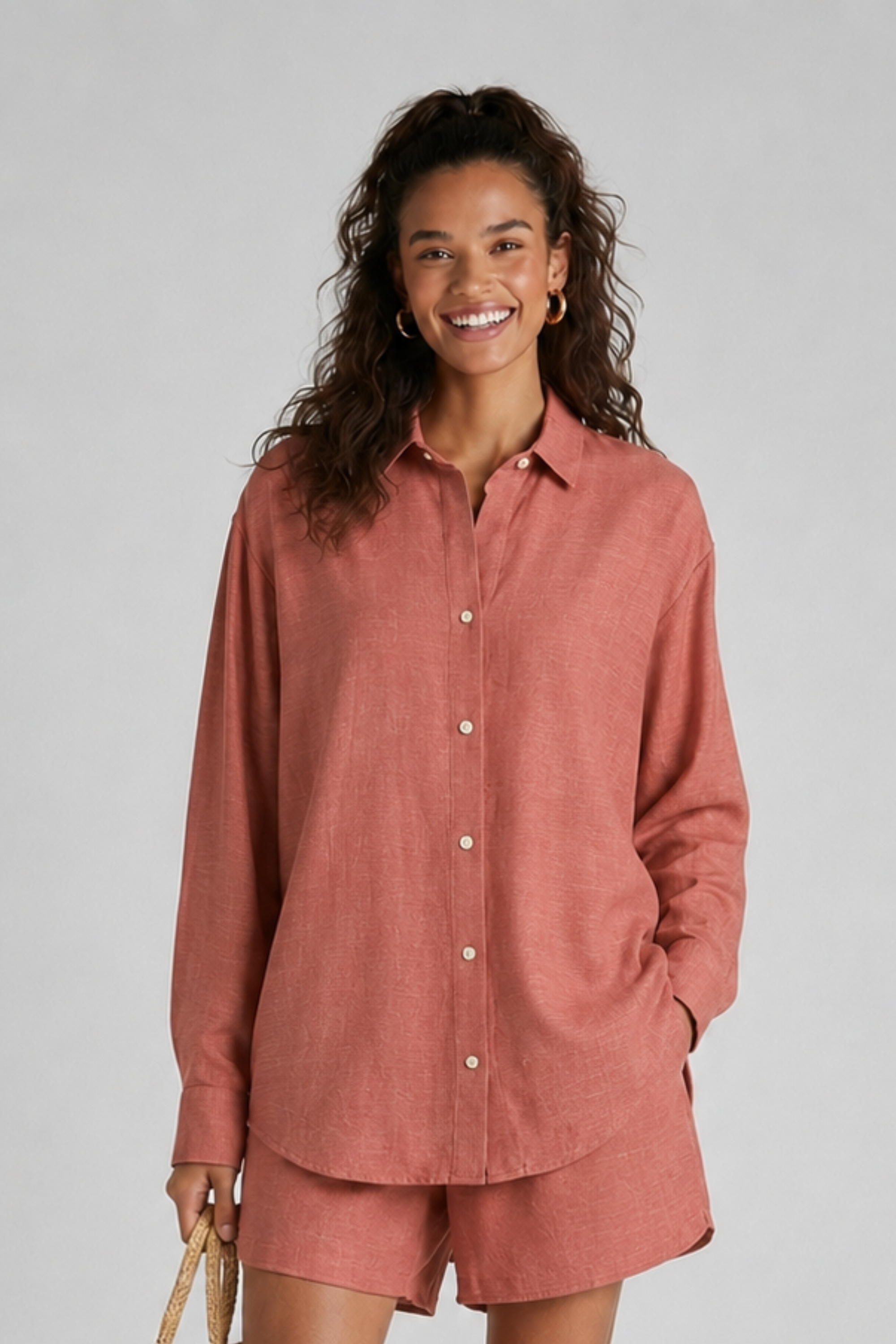 Front view of Play Shirt by Koye in Rosewood pink bamboo-hemp. #color_Rosewood