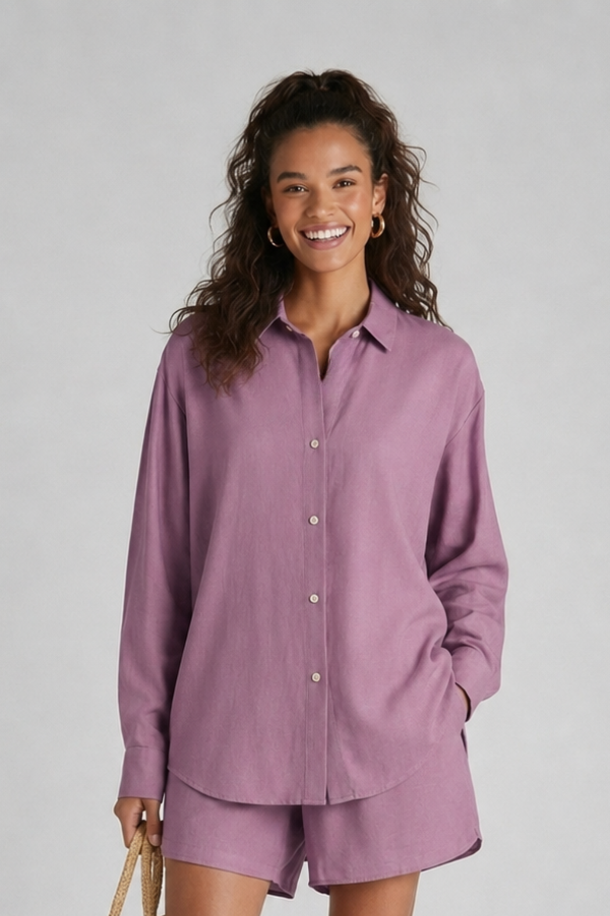 Front View of  Koye Play Shirt in soft Lilac bamboo-hemp. #color_Lilac