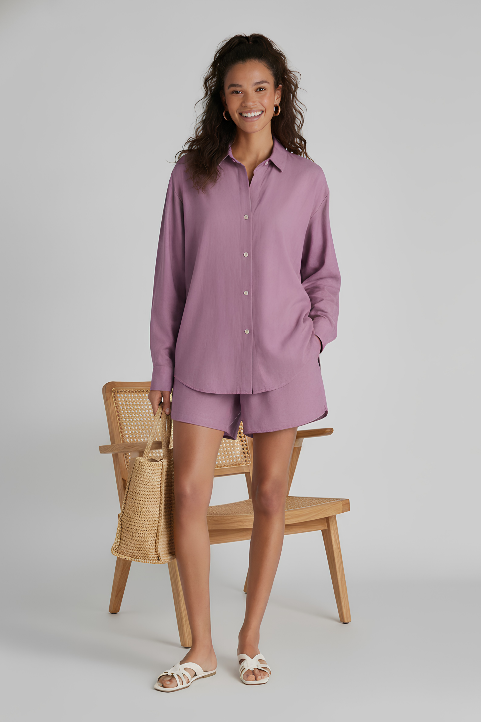 Full garment shot of model wearing Koye Play Shirt Set in soft Lilac bamboo-hemp. #color_Lilac