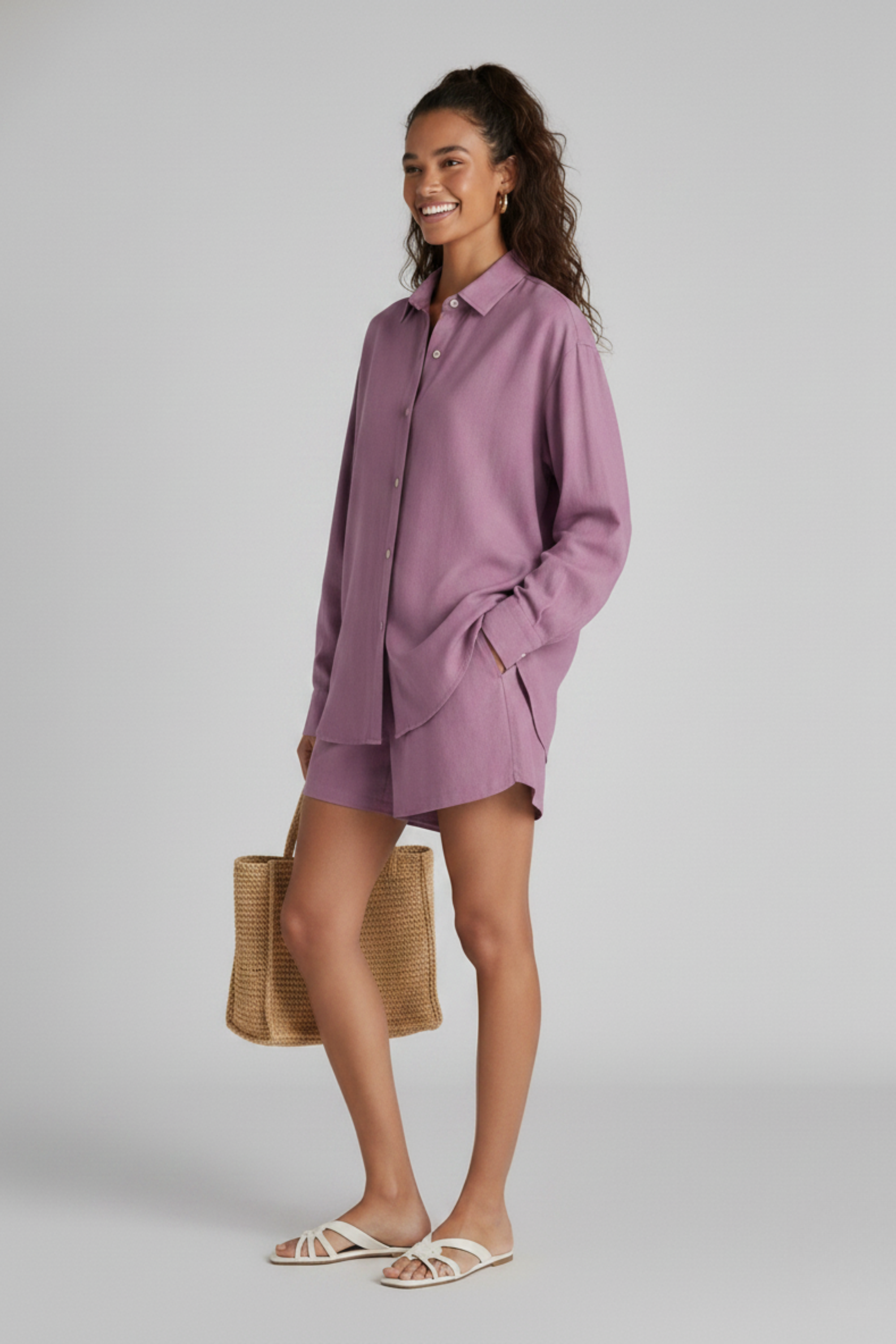 Side shot of the garment, model wearing Koye Play Shirt Set in soft Lilac bamboo-hemp. #color_Lilac