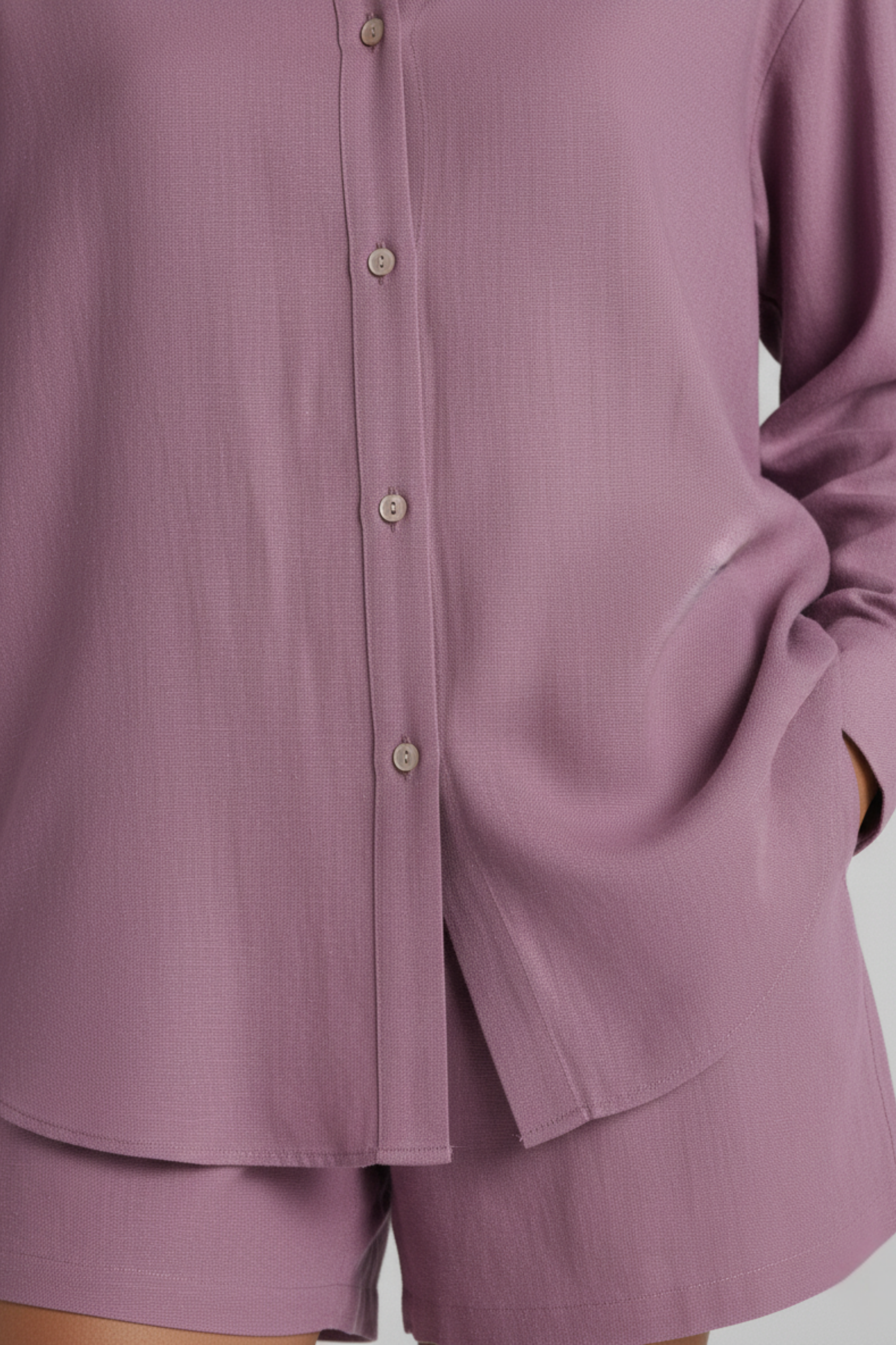 texture shot of the garment, model wearing Koye Play Shirt Set in soft Lilac bamboo-hemp. #color_Lilac