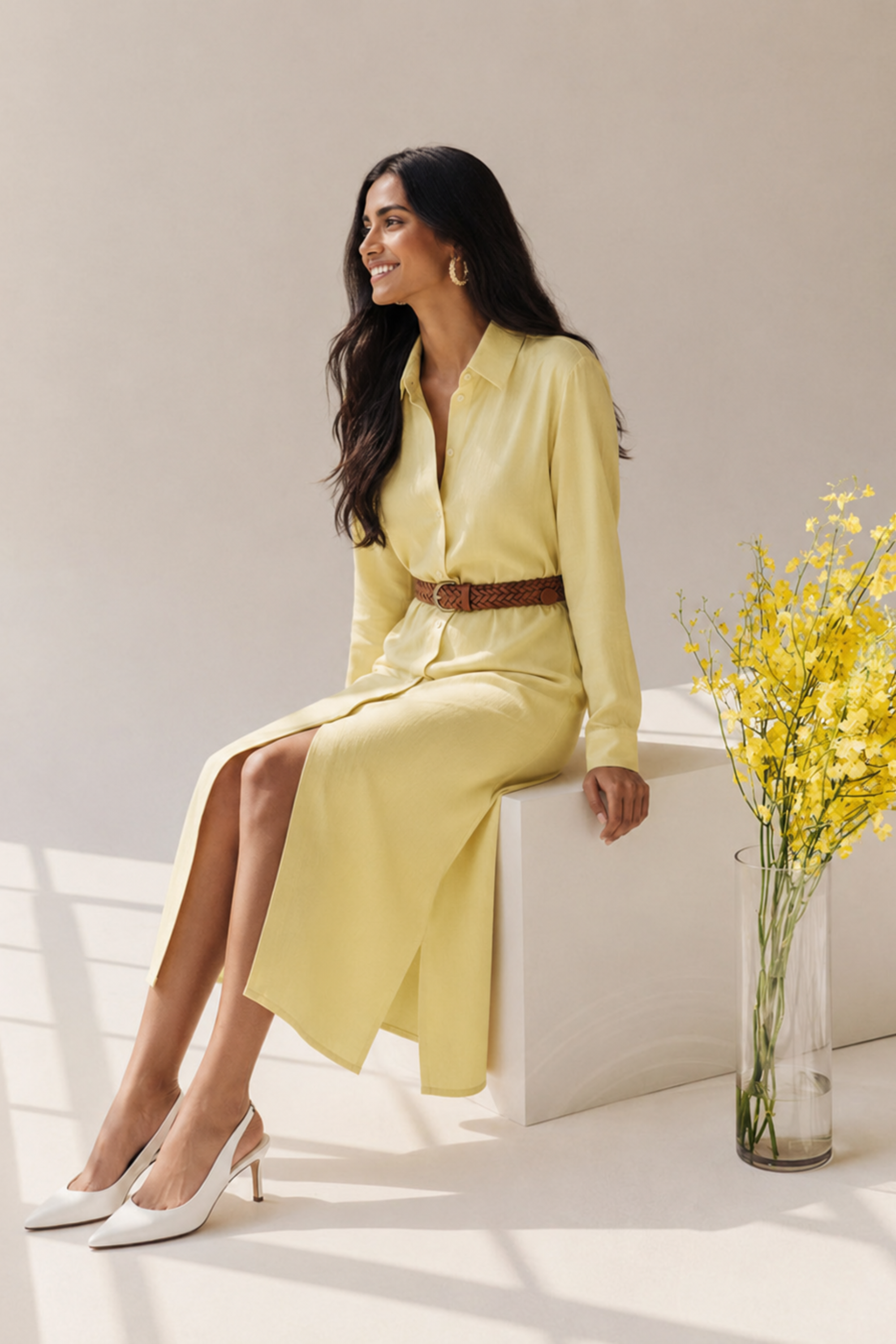 Front view of Koye Breeze Shirt Dress in Sunshine Yellow. #color_Sunshine Yellow