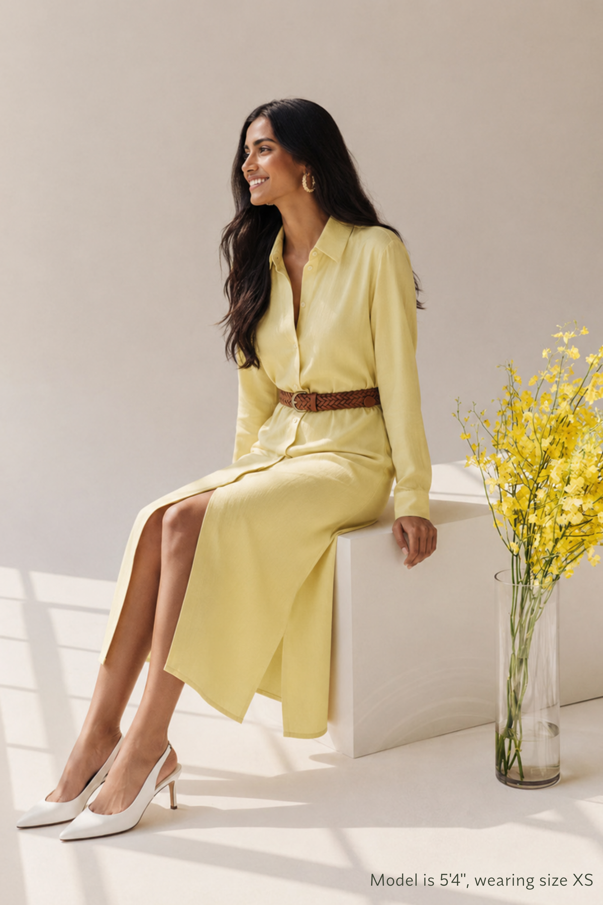 Front view of Koye Breeze Shirt Dress in Sunshine Yellow. #color_Sunshine Yellow