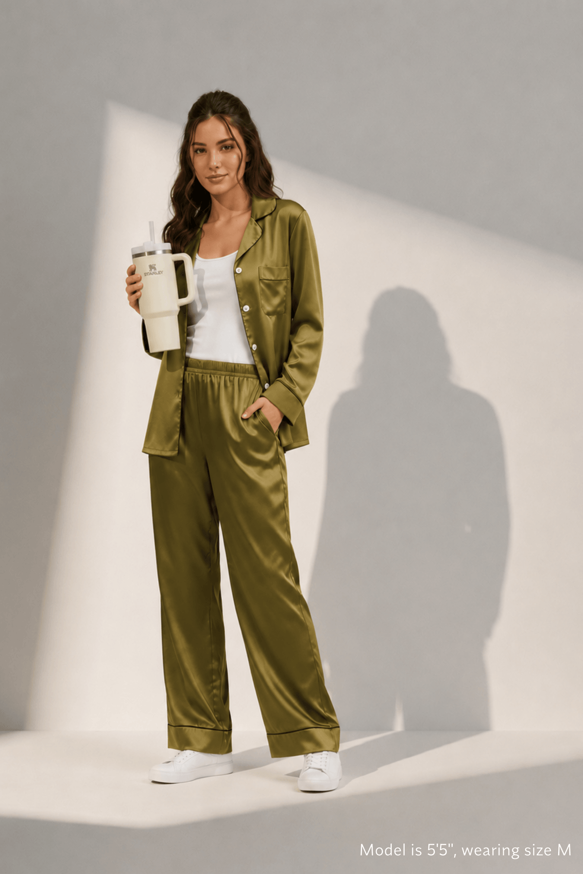 Front view of Koye Pause Pajama Set in Deep Oleev satin with button-down shirt. #color_Deep Olive