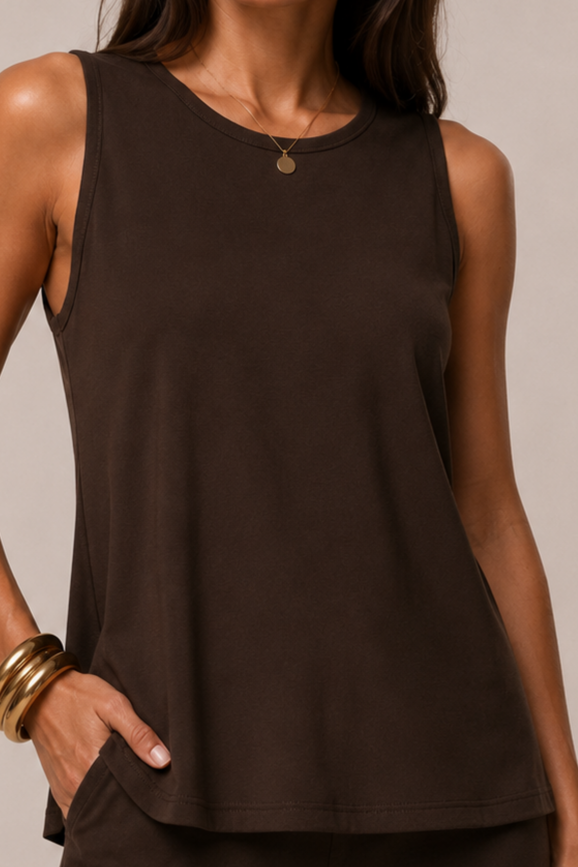 texture shot of Koye Mocha sleeveless top and pajama set.