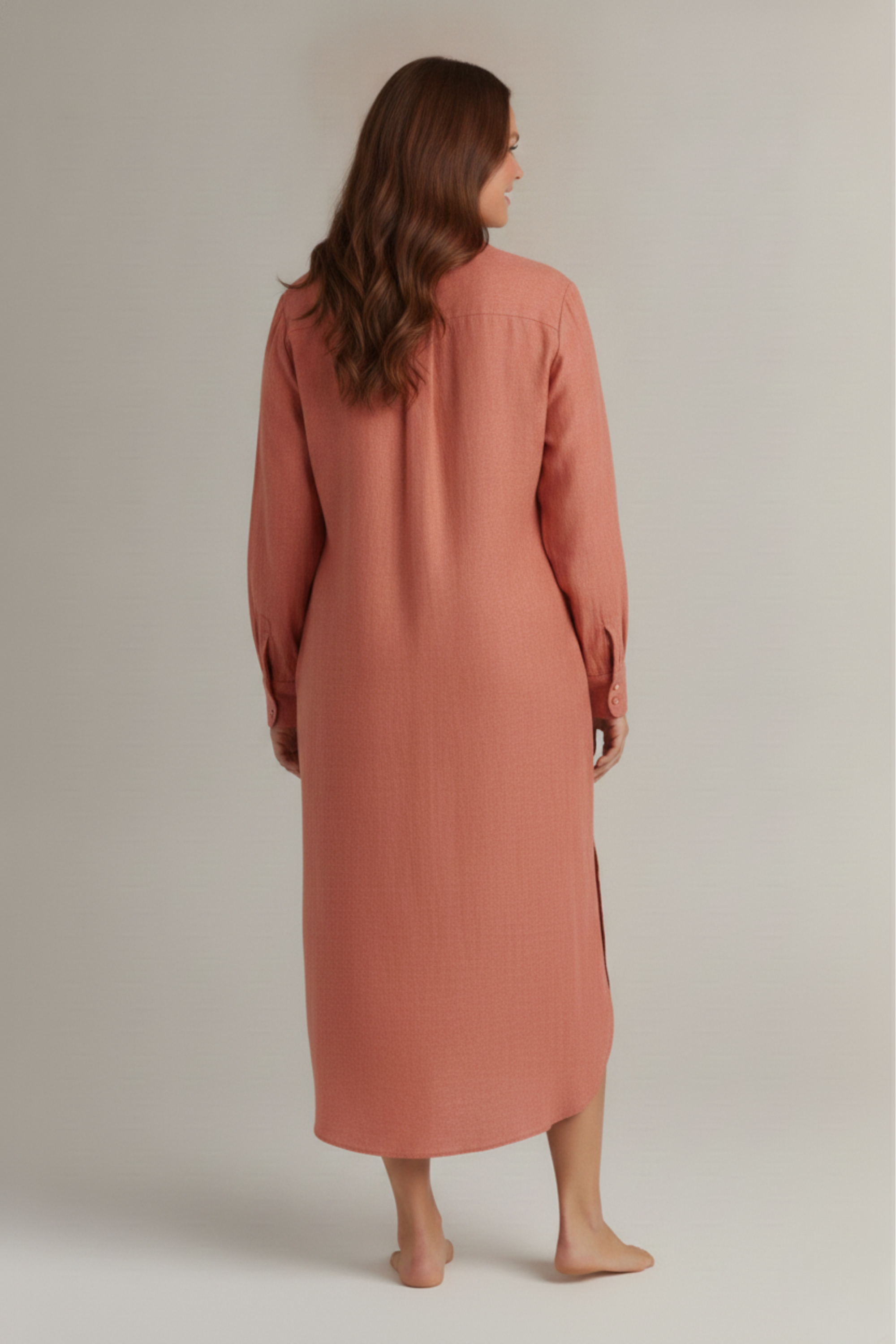 Back view of women's long pink sleep shirt showing relaxed fit and back pleat detail. #color_Rosewood