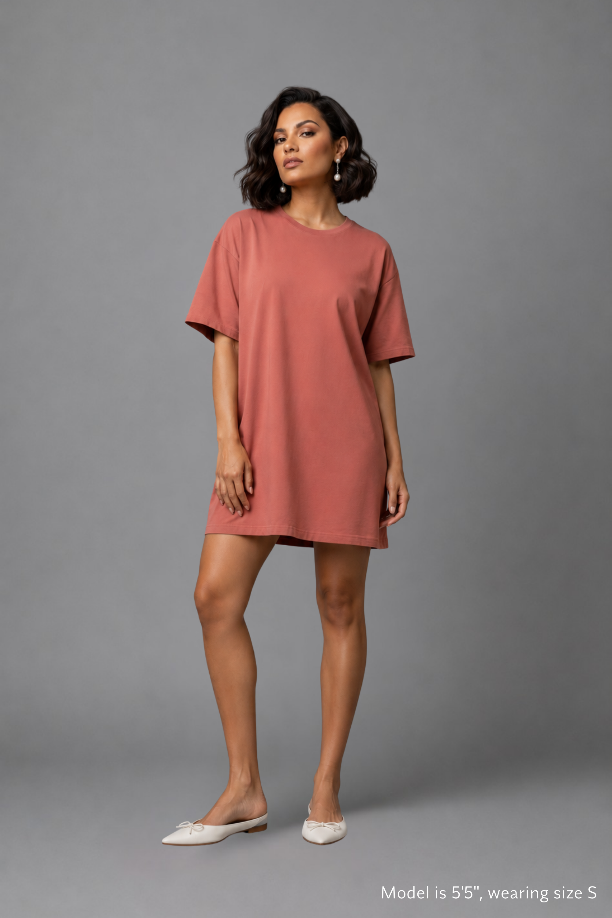 Full-length front view of Snug Oversized Dress in Dusky Mauve, made of a breathable bamboo-cotton blend. #color_Coral