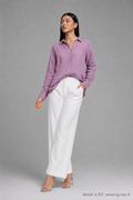 Full garment shot of model wearing Koye Play Shirt Set in soft Lilac bamboo-hemp. #color_Lilac