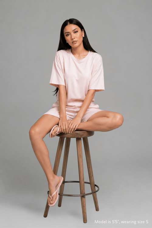 cover of pink bamboo-cotton fabric texture and side slit on Koye loungewear top. #color_Blush Pink